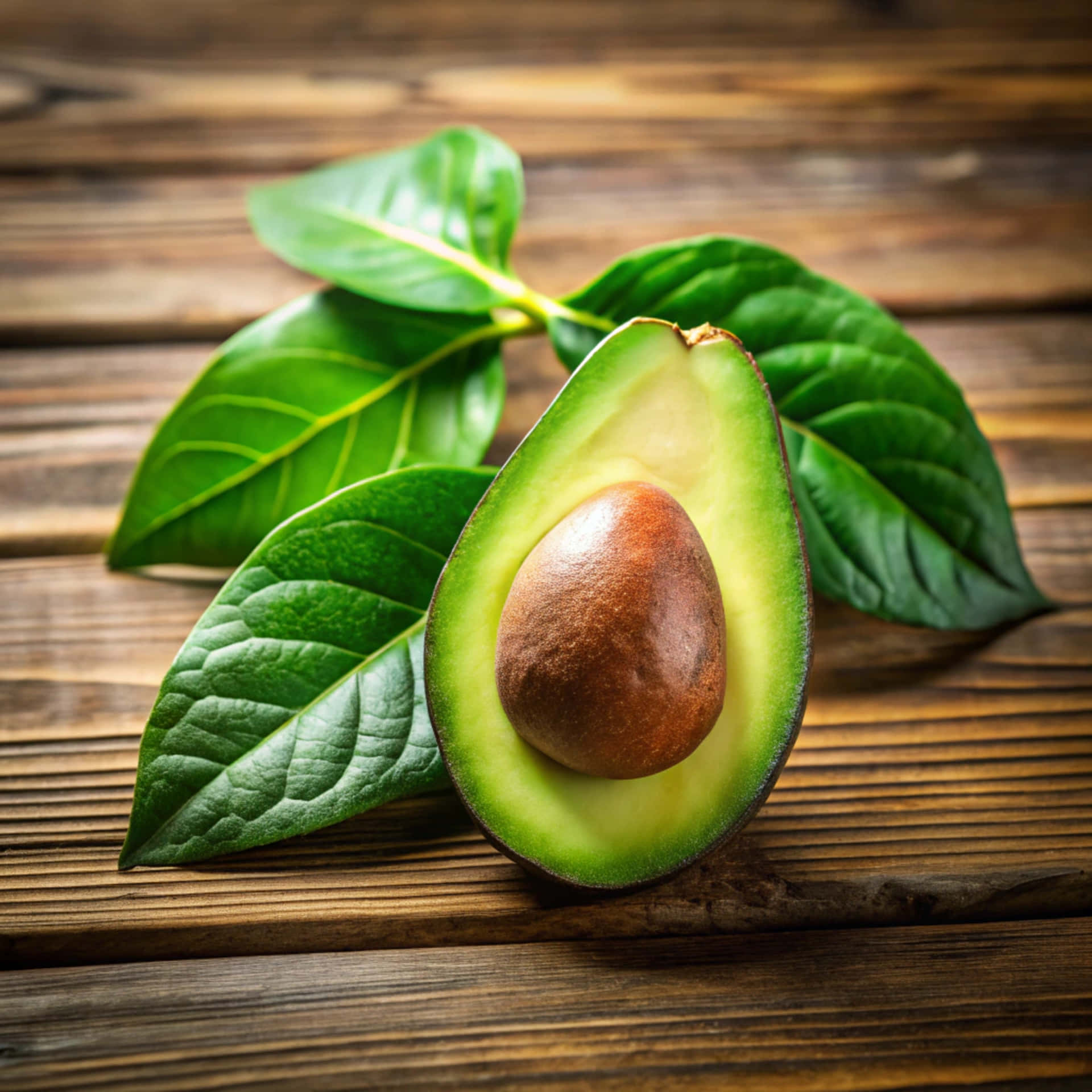 Green avocado 壁紙 — 半個酪梨，帶有一個大的棕色果核，放在質樸的木質表面上，旁邊是鮮綠色的葉子。