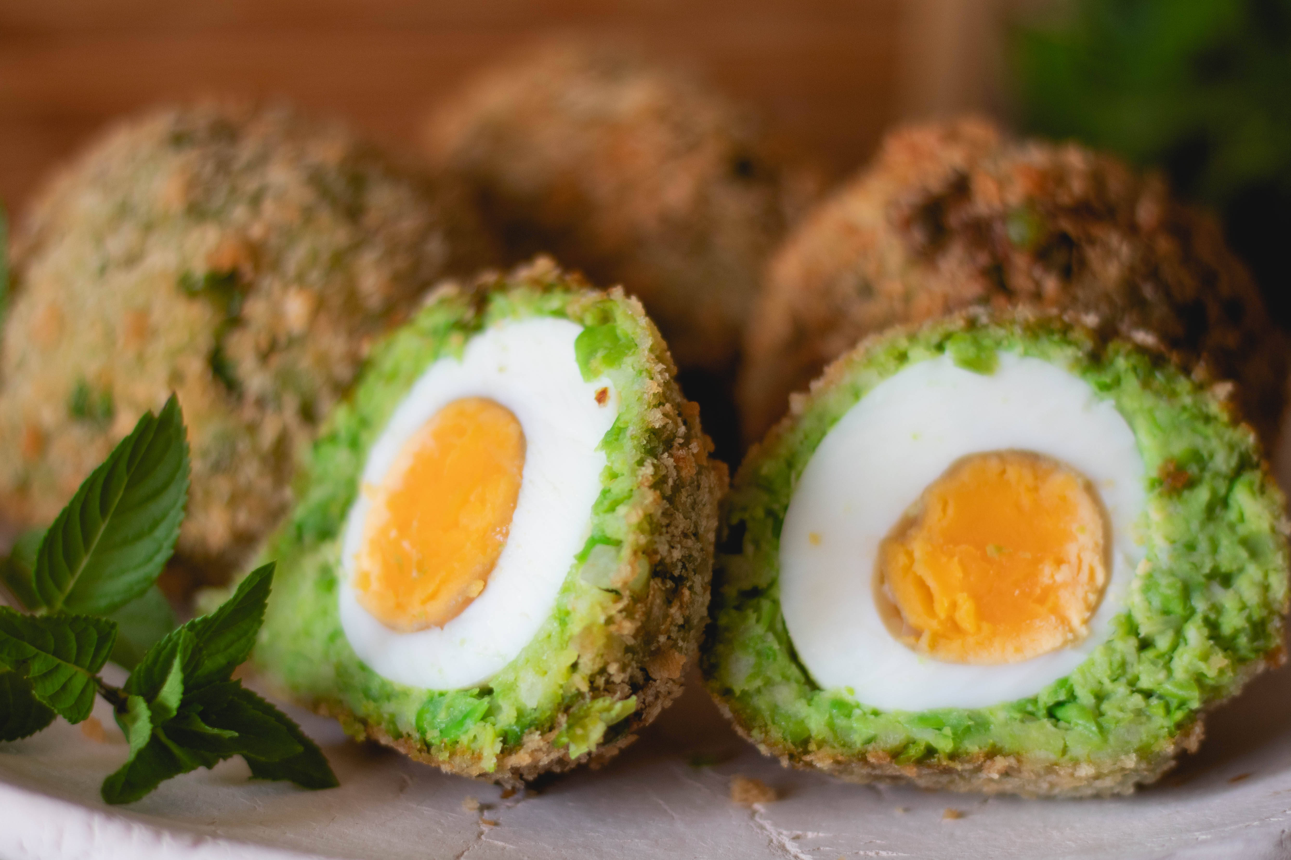 Egg 桌布 壁紙 — 半切蘇格蘭蛋展現出完美煮熟的蛋黃，包裹在綠色香草外皮中，置於鄉村風格的盤子上。