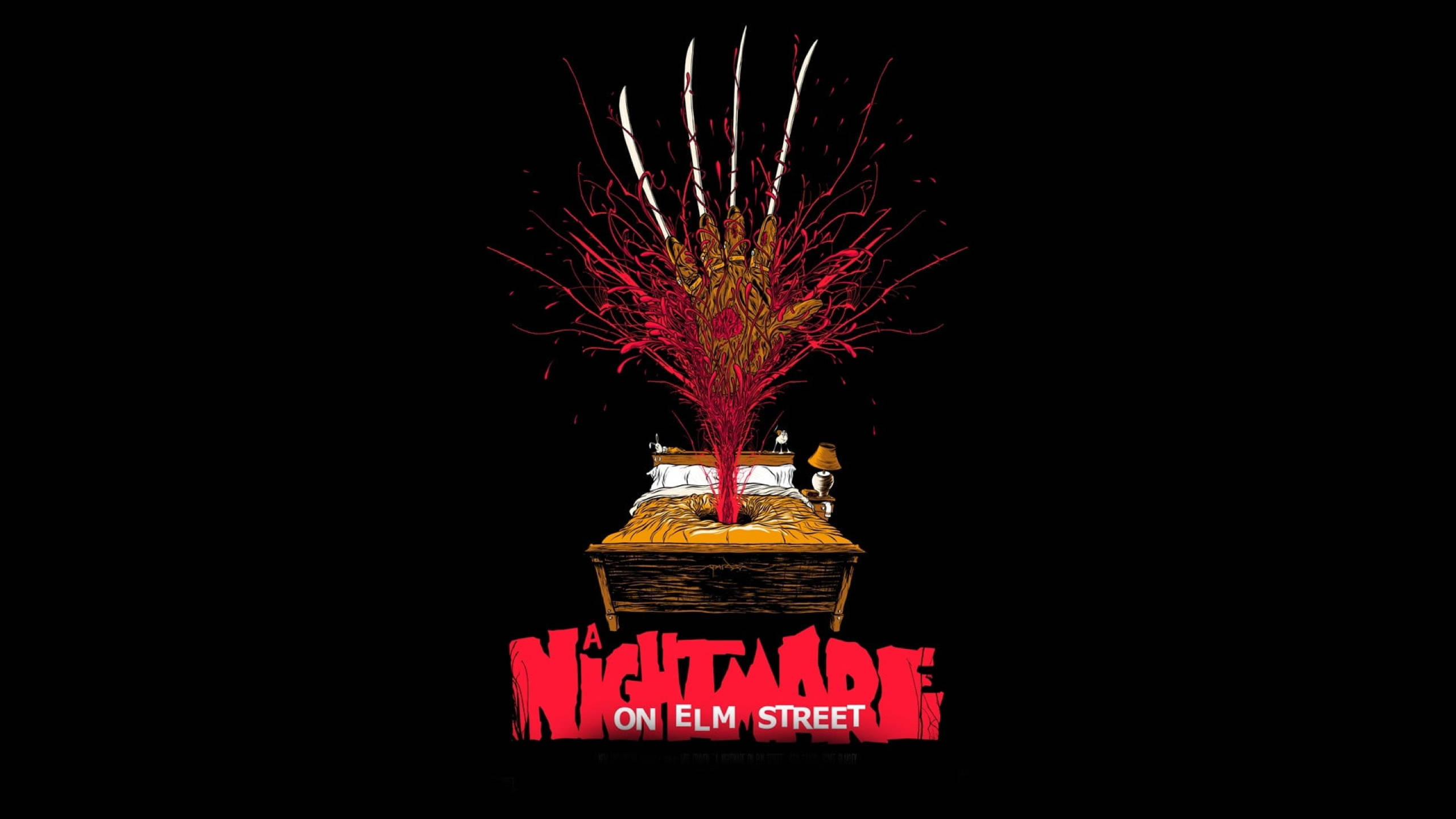 Freddy 桌布 壁紙 — 《半夜鬼上床》標誌，佛萊迪·克魯格的利爪手在黑色背景上以紅色飛濺穿透床鋪。