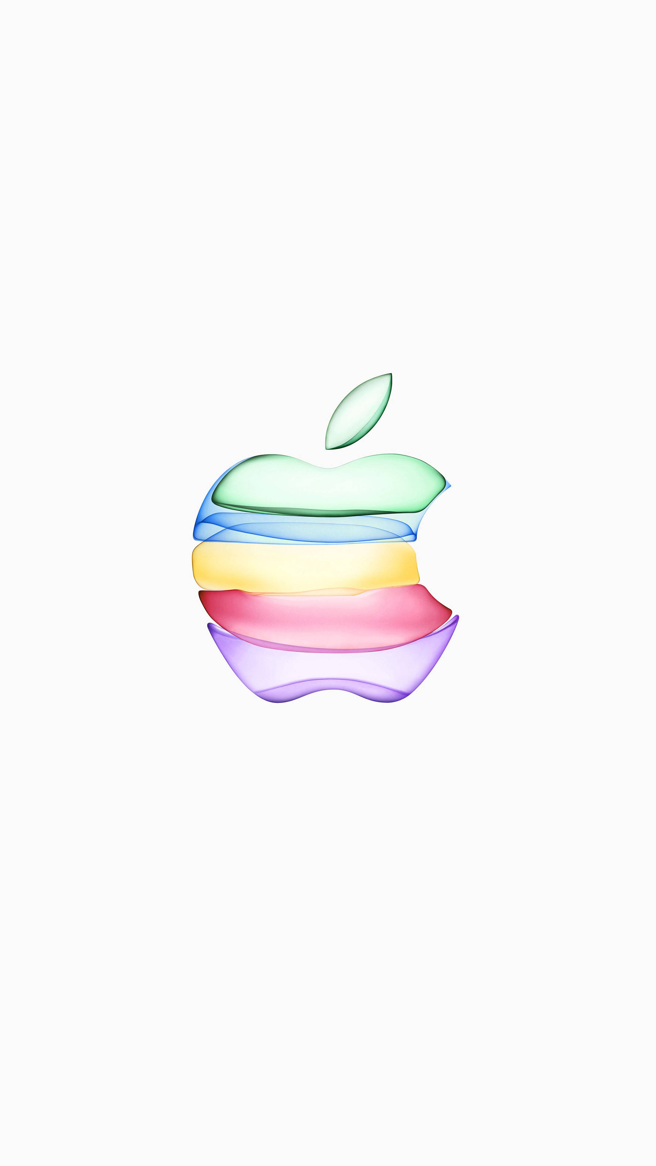 4K iPhone 11 桌布 壁紙 — 半透明彩虹色Apple標誌，帶有分層色調，置於純白色背景上。