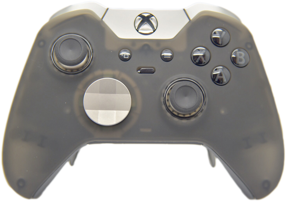 Xbox 桌布 壁紙 — 半透明灰色Xbox控制器，帶金屬質感裝飾及可見按鈕標籤，置於黑色背景上。