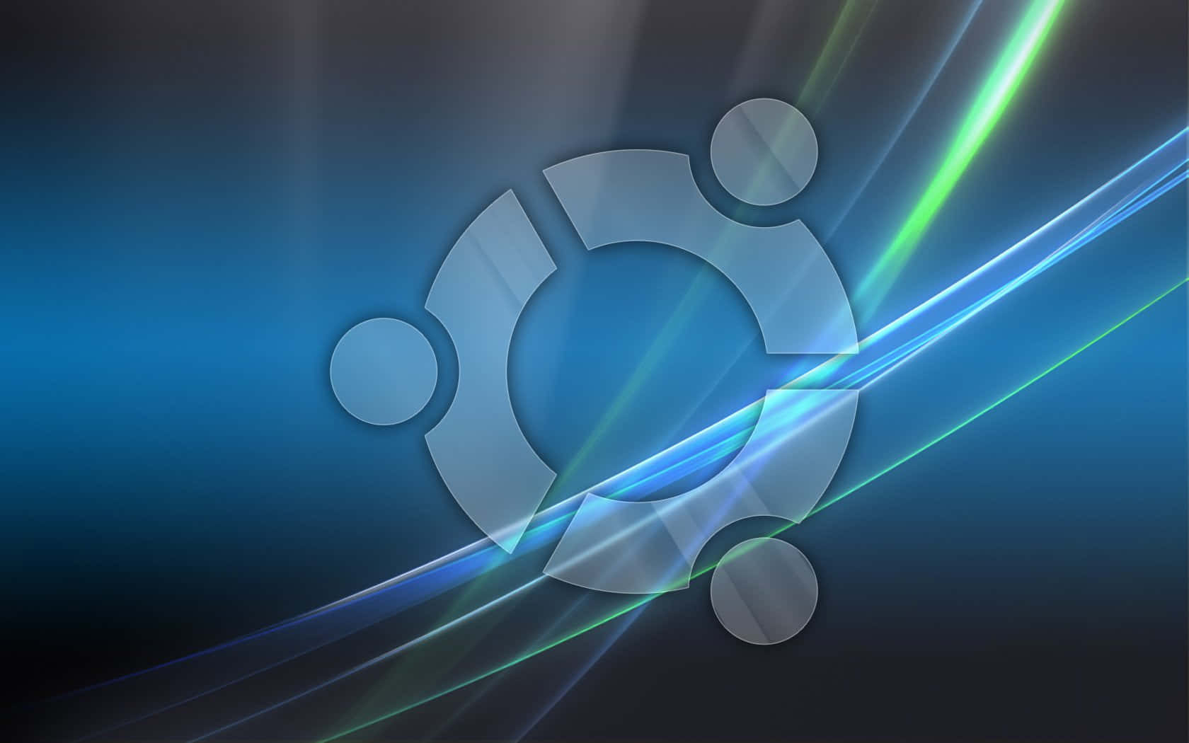 ubuntu 桌布 壁紙 — 半透明的 Ubuntu 標誌在動態藍色背景上發光，背景帶有充滿活力的綠色和青色光線條紋。