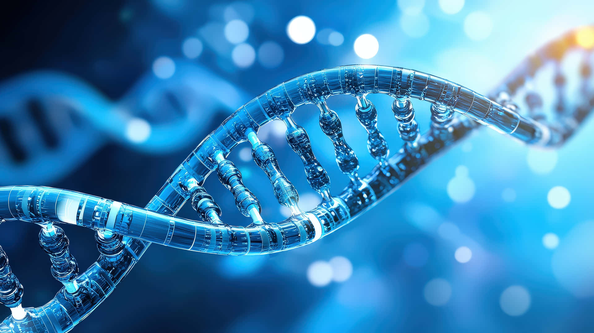 A glowing, high-tech DNA strand floating in a digital environment, representing biotechnoly 壁紙 — 半透明的藍色DNA雙螺旋穿過發光的散景背景，帶有柔和的光暈。