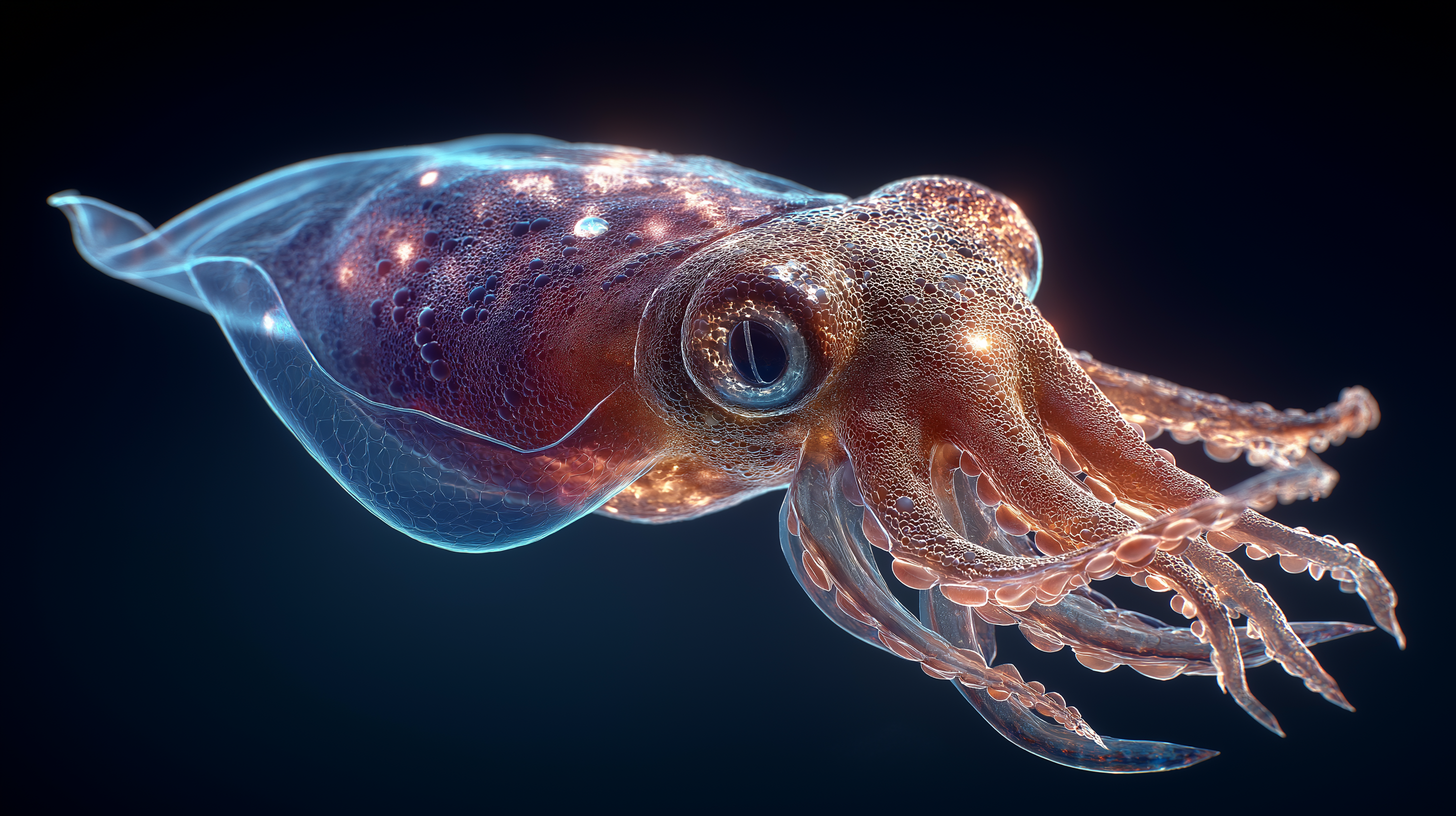 Giant Squid 桌布 壁紙 — 半透明的魷魚在深暗藍色海洋背景下發出內部生物螢光。