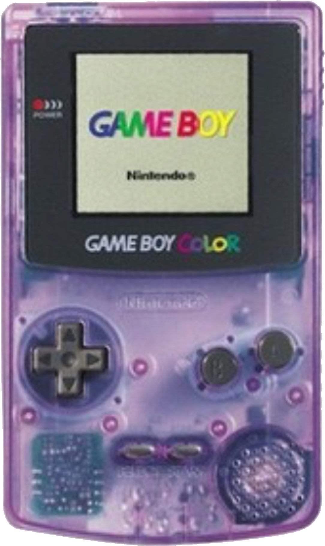 電玩遊戲 桌布 壁紙 — 半透明紫色 Game Boy Color 主機顯示色彩繽紛的啟動畫面，帶有任天堂品牌標誌。