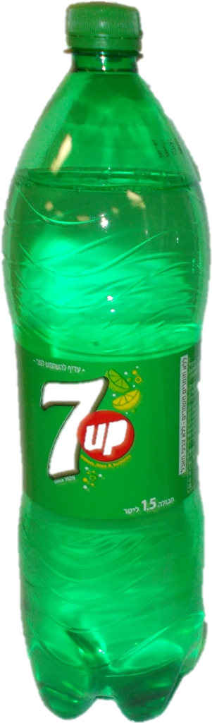 飲料 桌布 壁紙 — 半透明綠色塑膠瓶裝7up汽水，配有綠色瓶蓋及標籤，標籤上印有品牌標誌及檸檬圖案。
