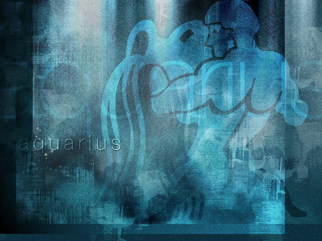 aquarius 桌布 壁紙 — 半透明藍色水瓶座人像在充滿氛圍的數位藝術作品中將水傾瀉到城市景觀上。