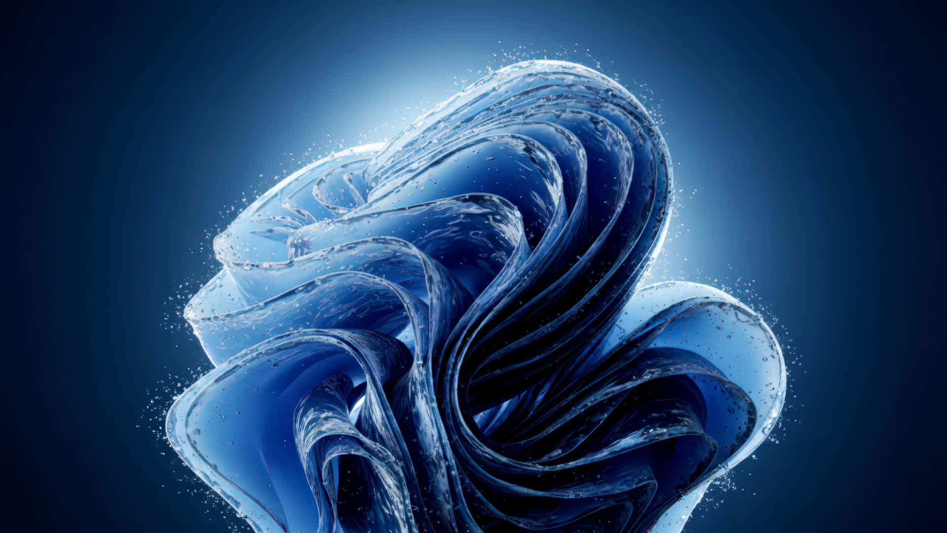 Wet Water Bloom modded wallpaper for desktop Enhancement, 壁紙 — 半透明藍色液體的動態漩渦在深藍色漸變背景上形成雕塑般的渦流。