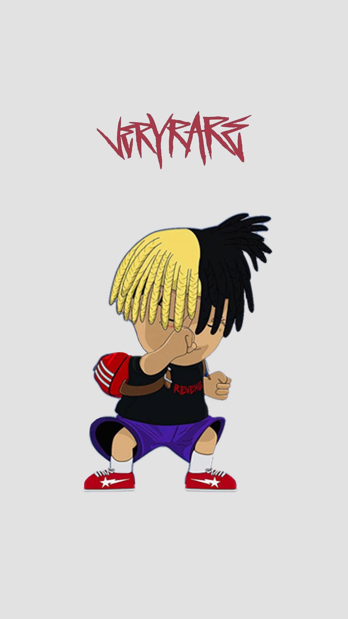 xxxtentacion 動畫 桌布 壁紙 — 半黃半黑頭髮的Q版卡通角色蹲下並用一隻手遮住臉。