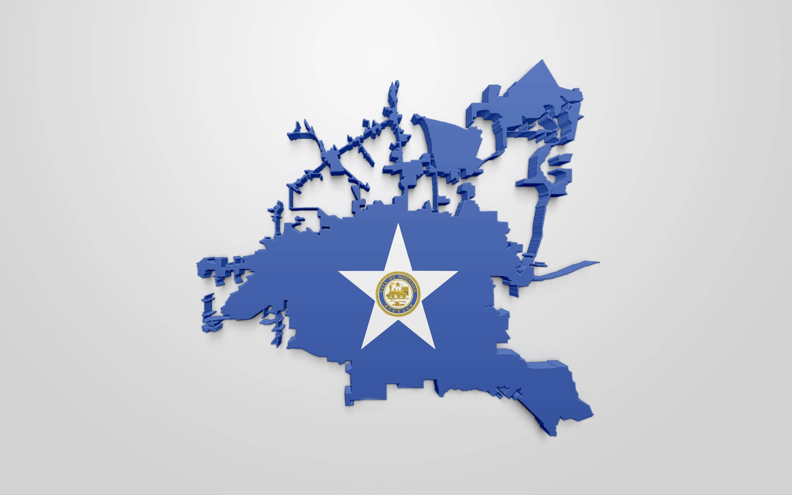Houston 桌布 壁紙 — 南卡羅來納州的3D渲染藍色地圖，白色星星和州徽位於輪廓中央，背景為淺灰色。