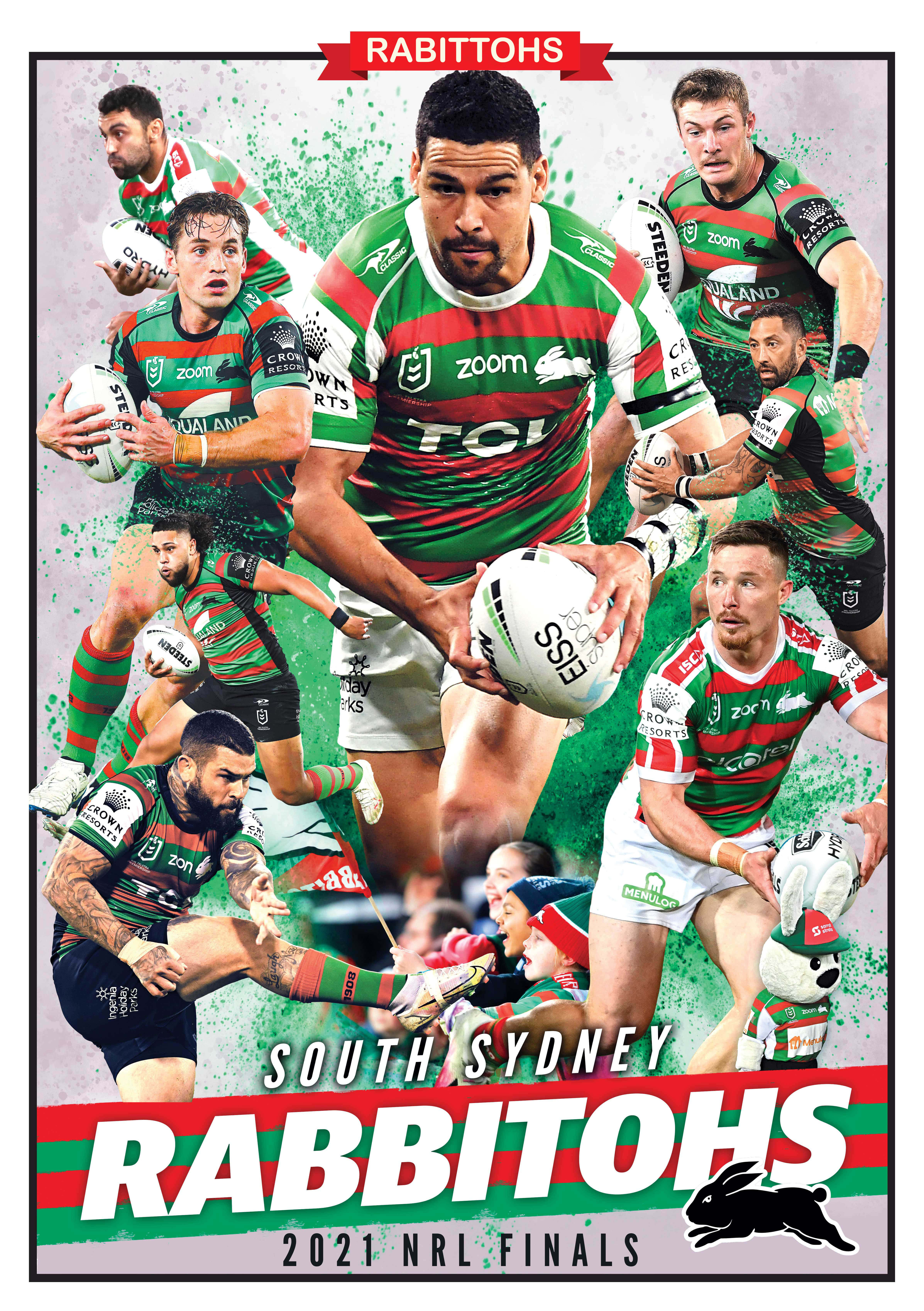Rabbitohs 桌布 壁紙 — 南悉尼兔欖球聯賽球員身穿綠色和紅色球衣，與橄欖球一起動作的動態拼貼畫。