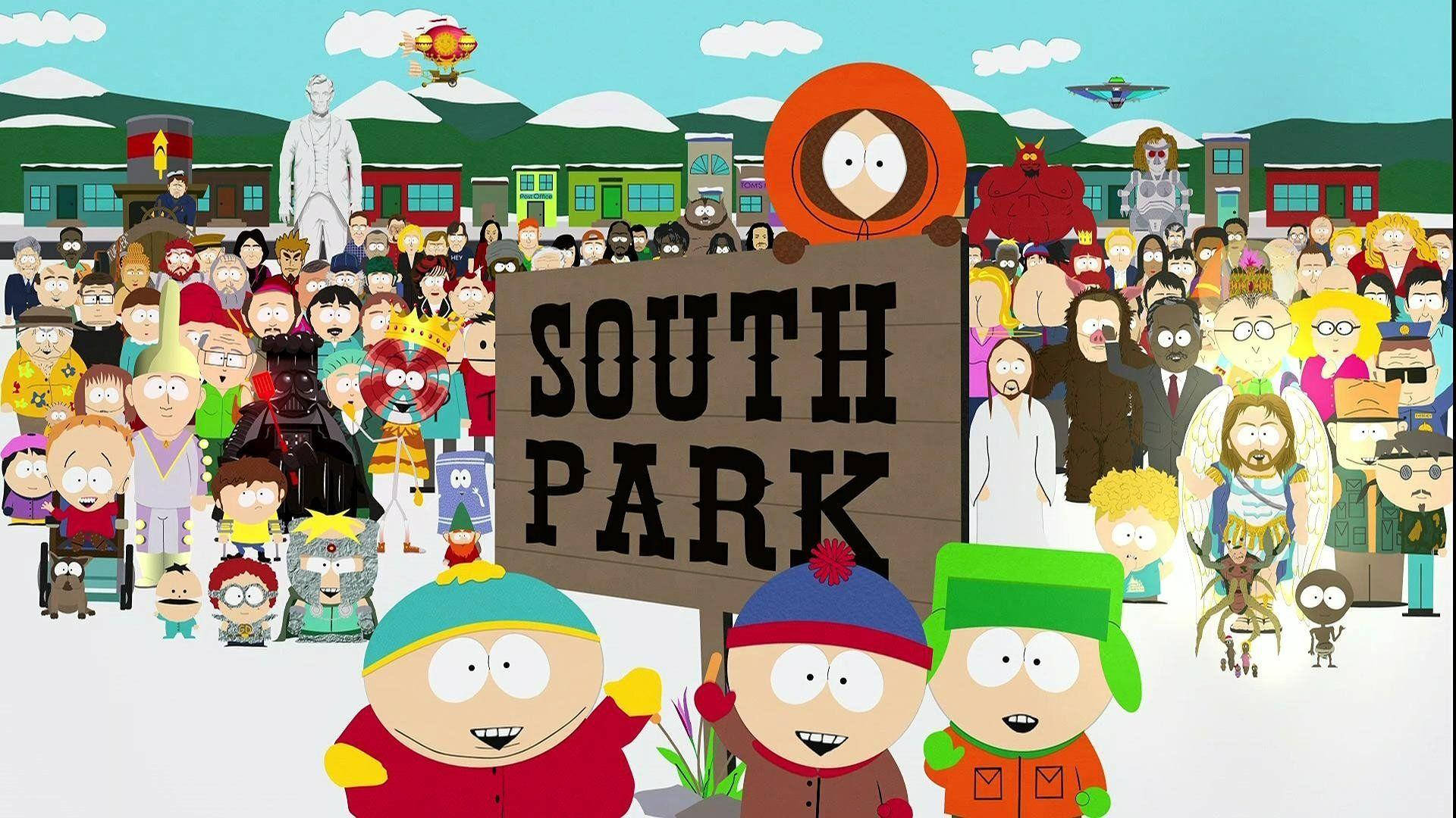 Cartman 桌布 壁紙 — 《南方公園》的卡通角色聚集在一個大標誌周圍，背景有雪山和飛行車輛。