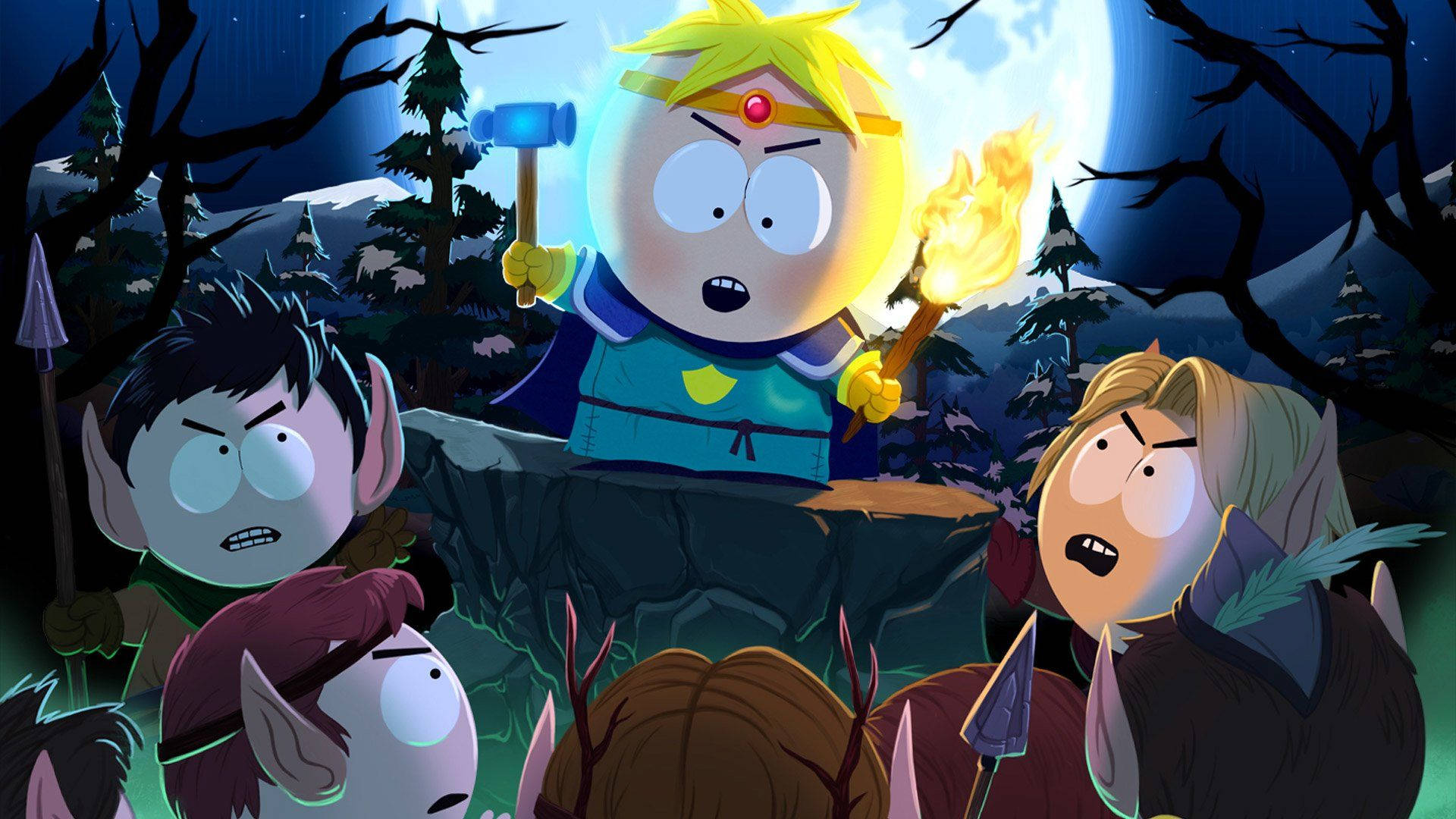 stan marsh 桌布 壁紙 — 南方公園角色穿著奇幻裝備，在滿月下的夜晚站在陰森的森林中，手持火炬和武器。