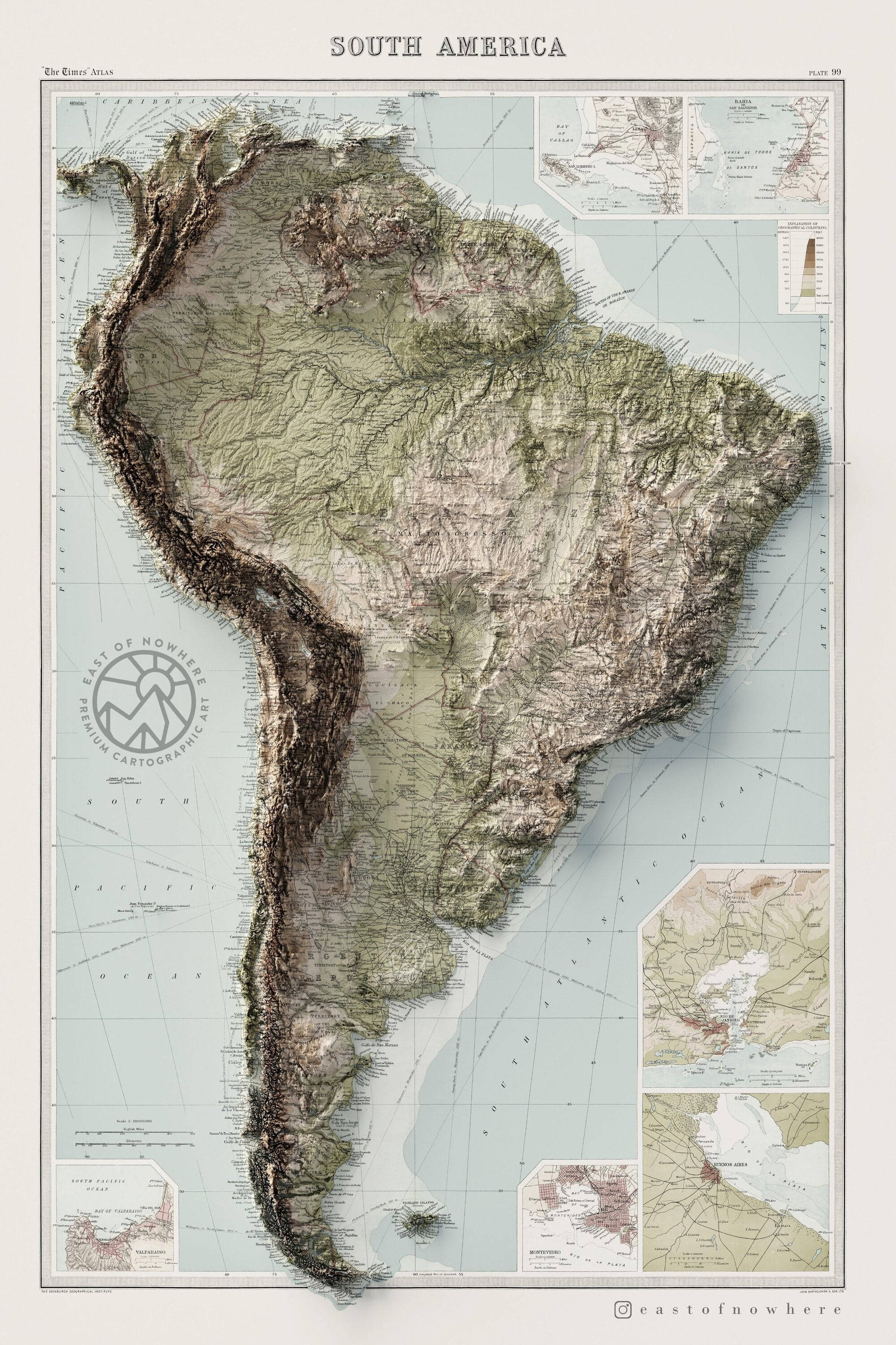 Topographic 桌布 壁紙 — 南美洲復古風格地形圖，帶有詳細海拔等高線和插入的區域地圖，印在舊紙上。