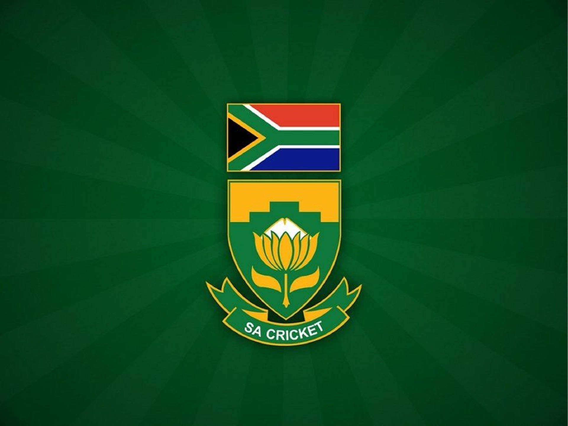 south africa cricket 桌布 壁紙 — 南非板球徽章，綠色盾牌上頂著國旗，深綠色放射狀背景上有一朵黃色帝王花。