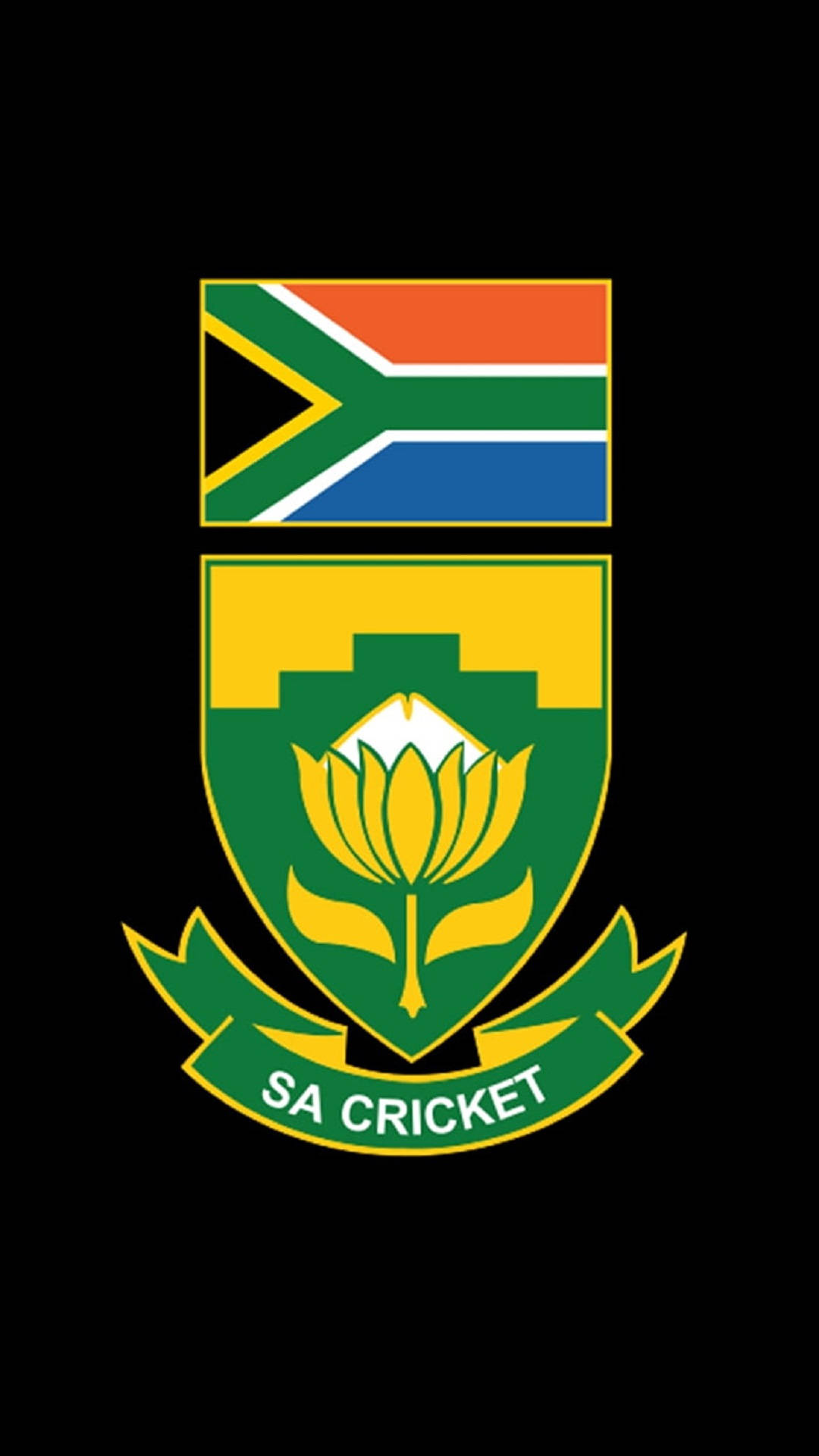 south africa cricket 桌布 壁紙 — 南非板球徽章，黑色背景上，綠色盾牌上方有國旗，盾牌上有黃色帝王花，以及寫有 SA CRICKET 的橫幅。
