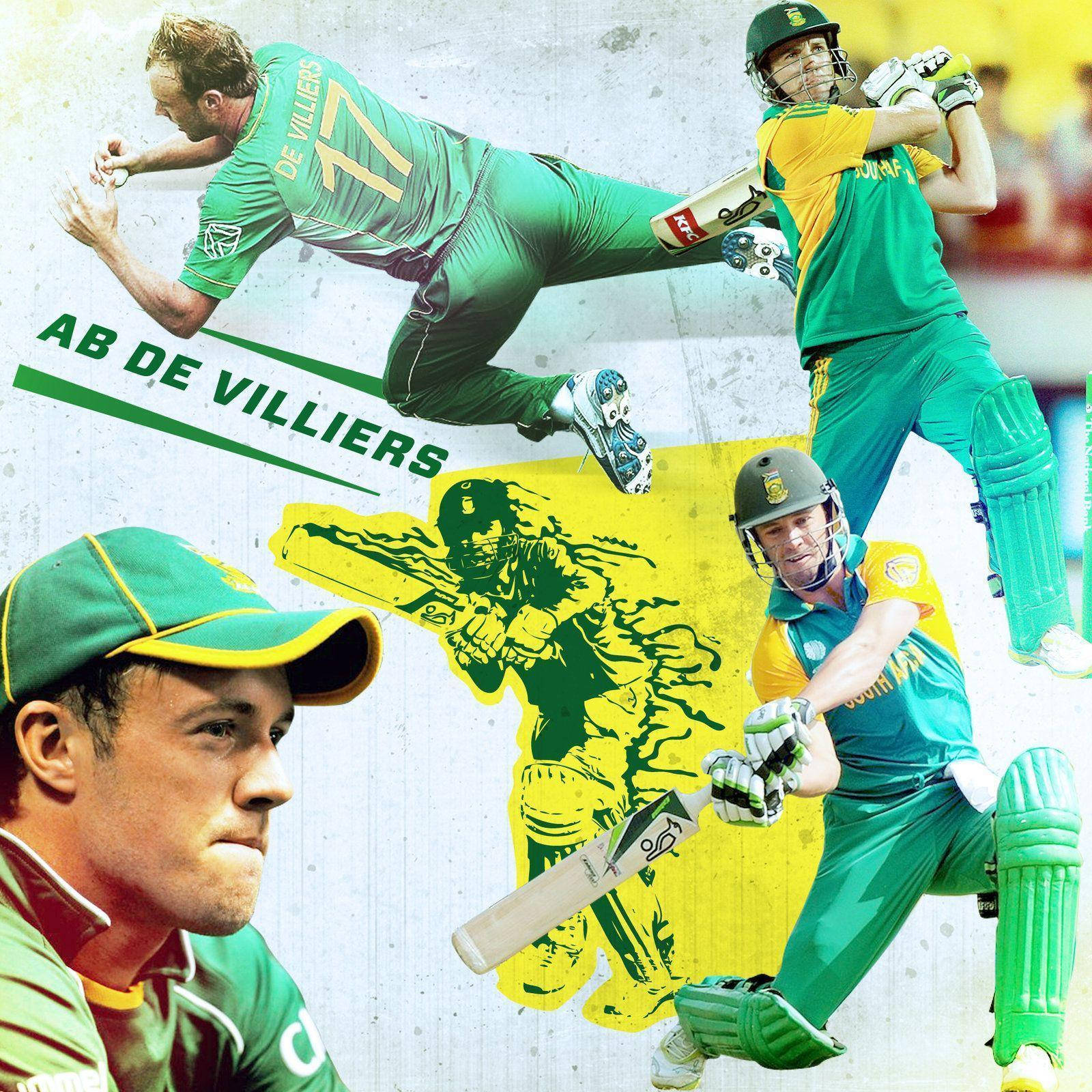 Cricket 桌布 壁紙 — 南非板球運動員AB de Villiers身穿綠色和黃色球衣做出動作姿勢的動態拼貼畫。