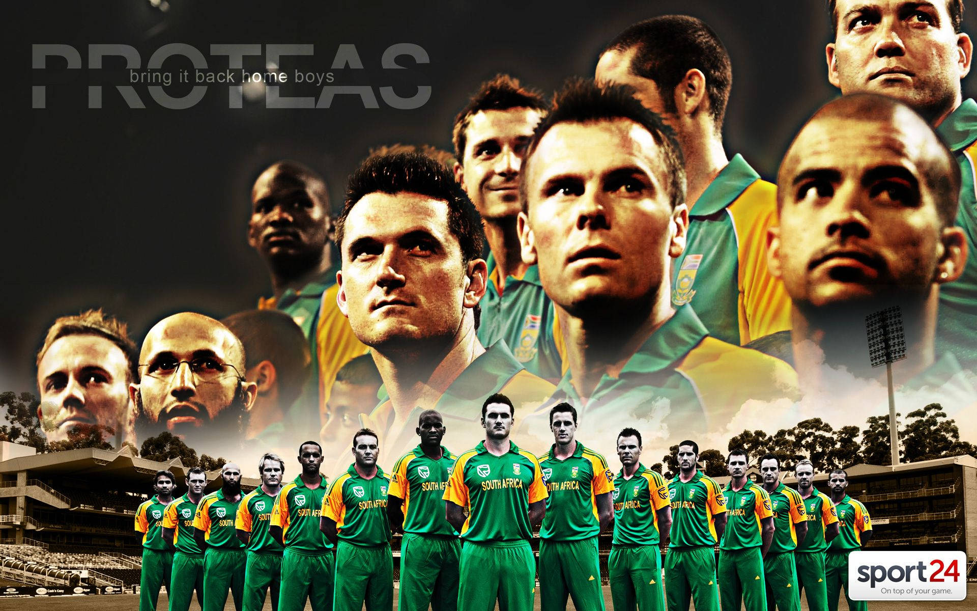 south africa cricket 桌布 壁紙 — 南非板球運動員身穿綠色和黃色球衣的動態拼貼畫，背景為體育場，並配有粗體文字。