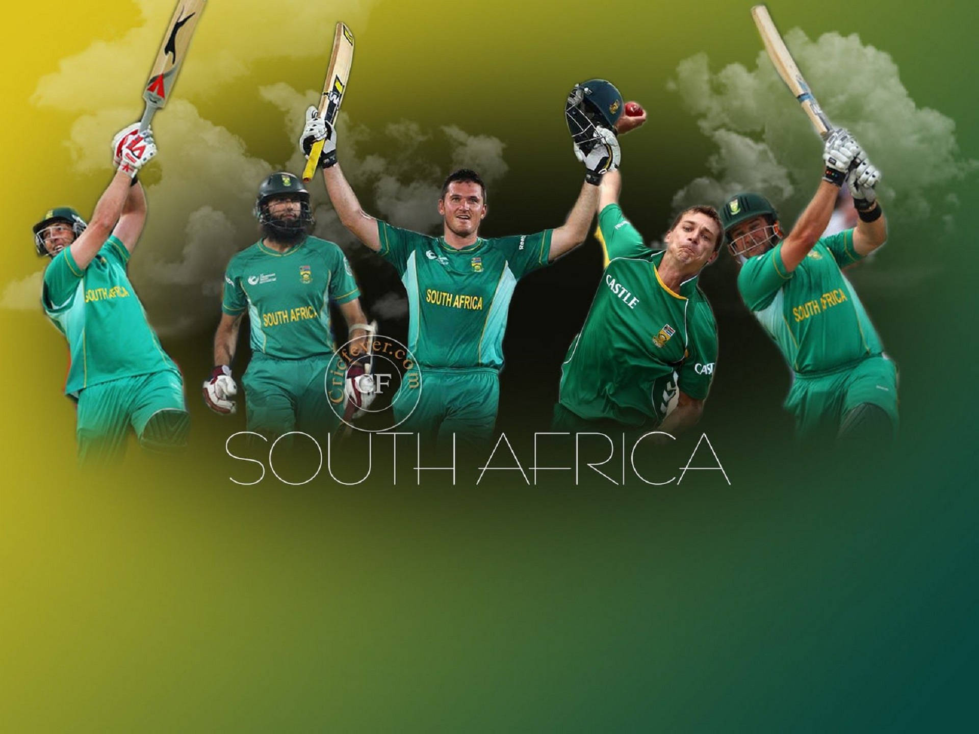 south africa cricket 桌布 壁紙 — 南非板球隊球員身穿綠色制服，在充滿活力的黃綠漸變天空下高舉球棒慶祝勝利。