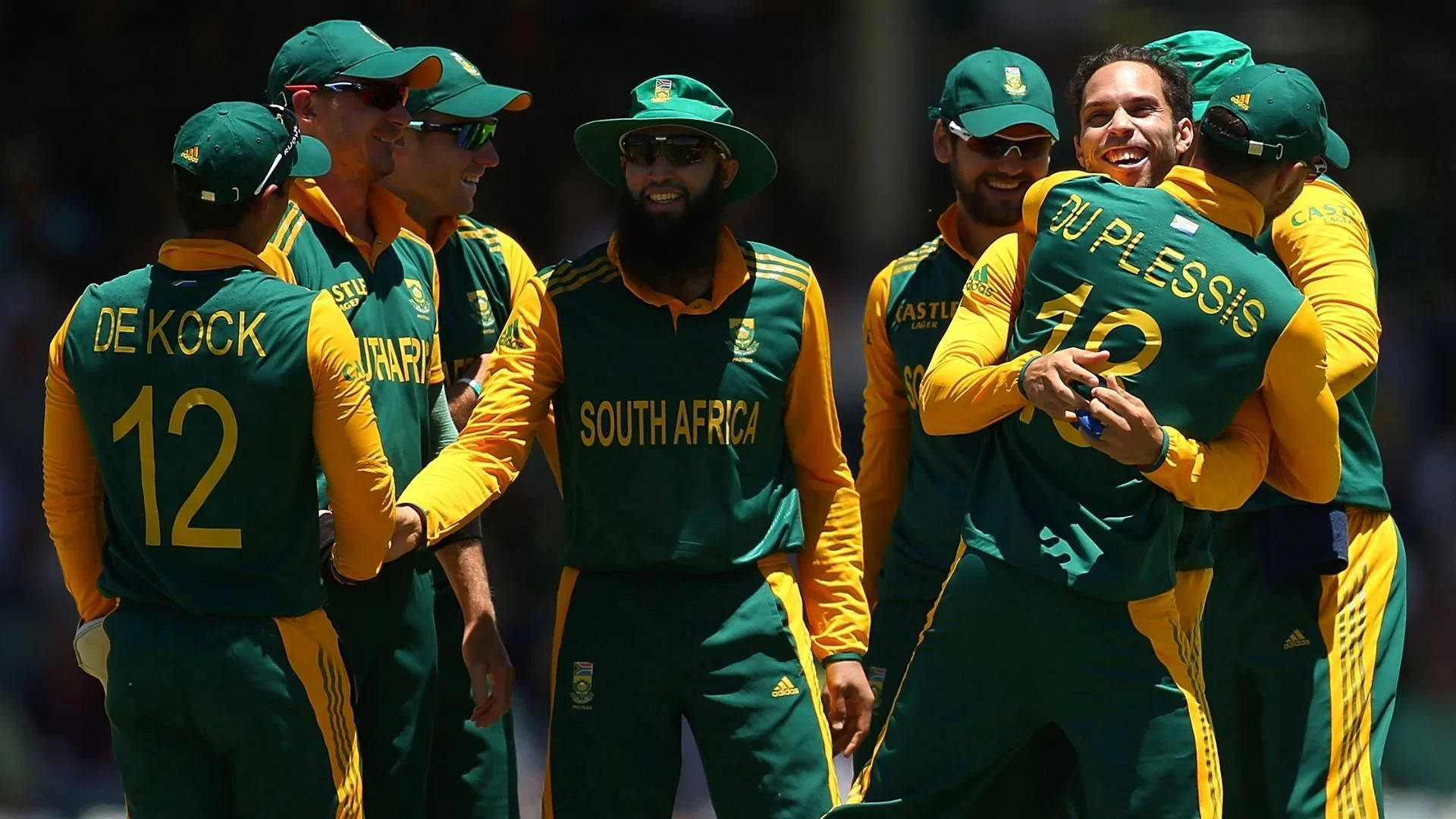 south africa cricket 桌布 壁紙 — 南非板球隊球員身穿綠色和黃色制服，在晴朗的日子裡一起慶祝。