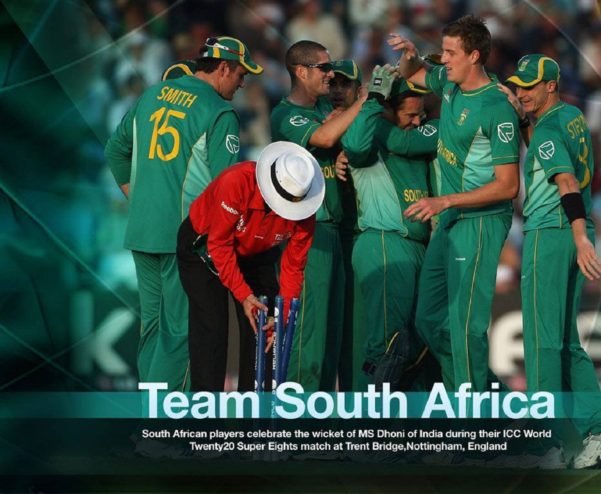 south africa cricket 桌布 壁紙 — 南非板球隊身穿綠色制服，在體育場上歡欣鼓舞地慶祝一個三柱門，隊友們互相擁抱和擊掌。