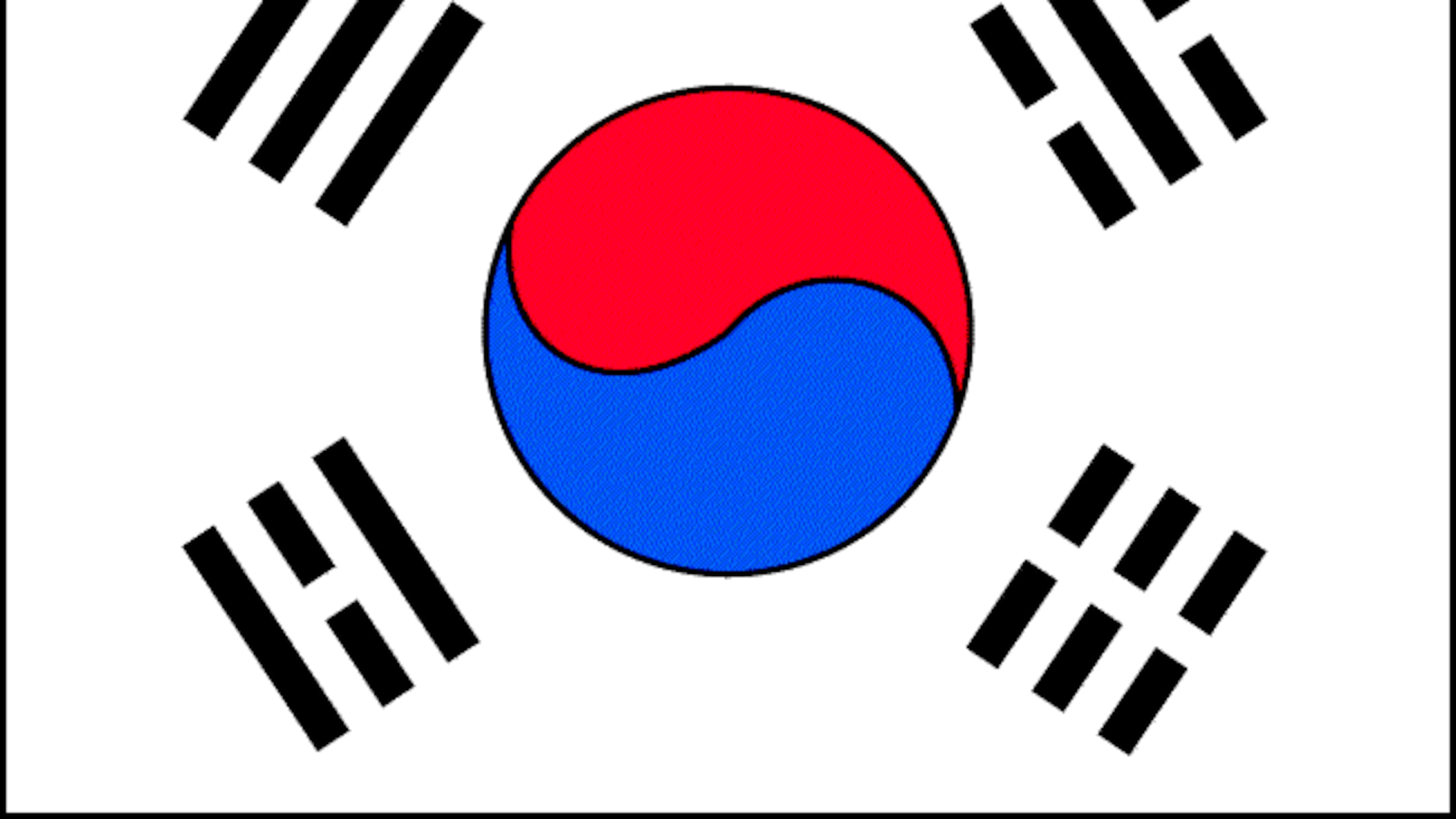南韓 桌布 壁紙 — 南韓國旗中央有一個紅藍太極圖案，白色背景上配有四個黑色卦象。