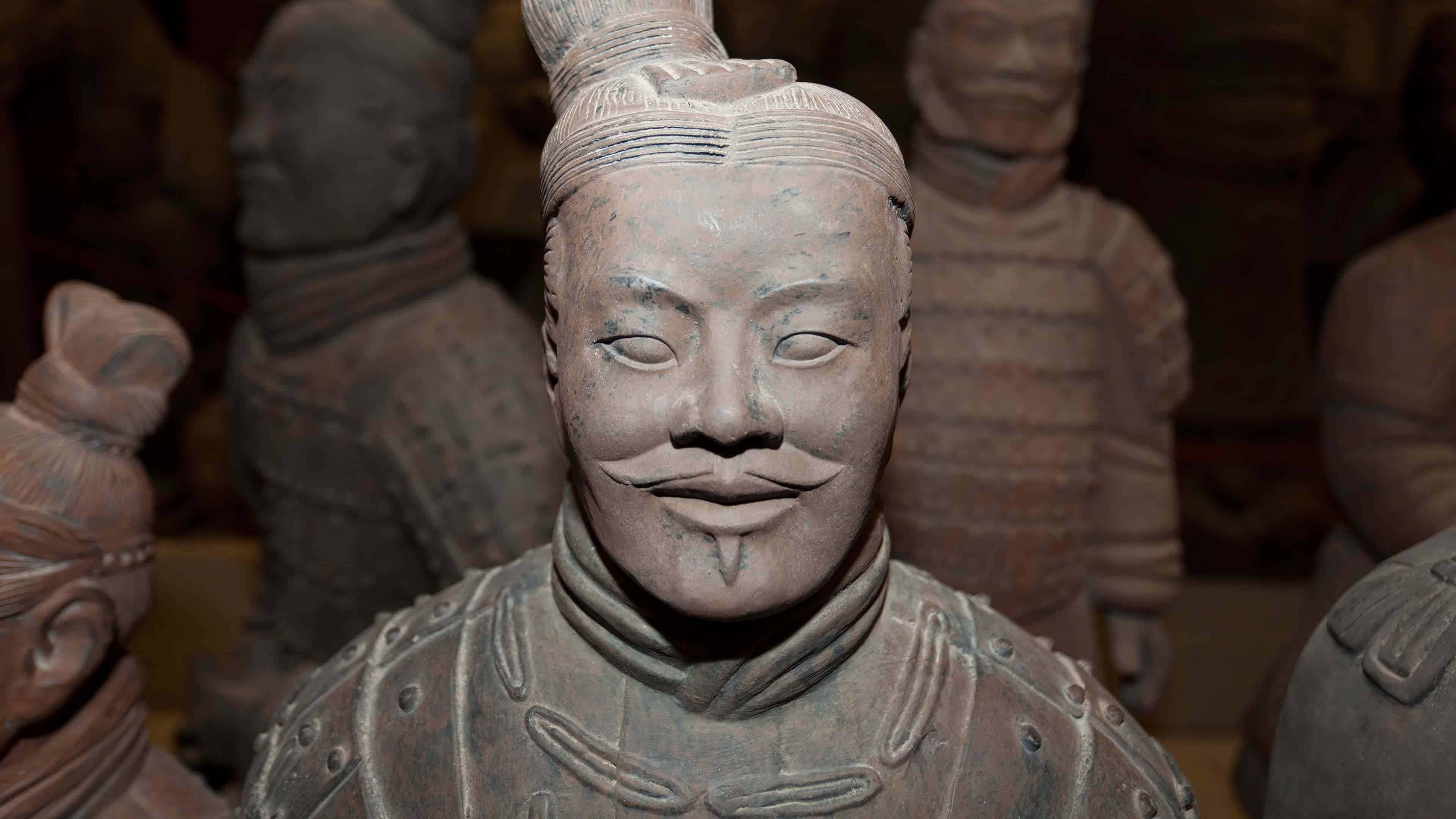 Museum 桌布 壁紙 — 博物館環境中，一個表情平靜、盔甲精細的兵馬俑雕像特寫。