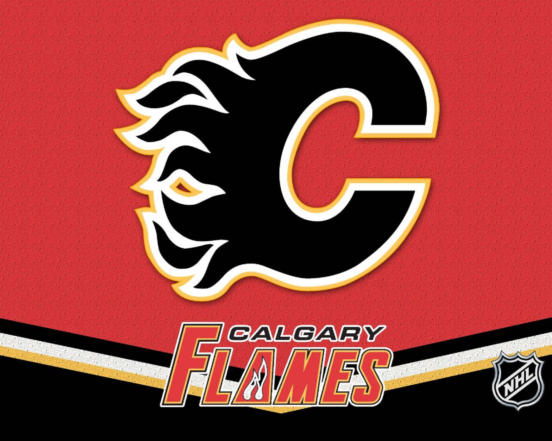 Calgary Flames 桌布 壁紙 — 卡加利火焰隊NHL標誌，在紋理紅色背景上採用大膽的黑色火焰設計，附有球隊名稱和NHL盾牌。