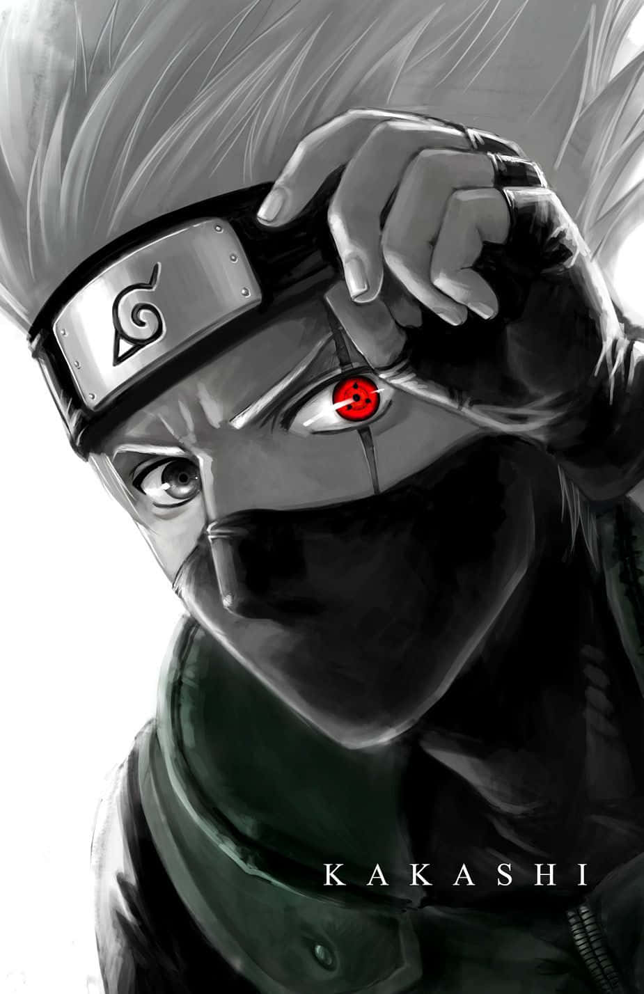 kakashi pfp 桌布 壁紙 — 卡卡西·哈塔克在面具和頭帶下露出發光的紅色寫輪眼的戲劇性動畫肖像。