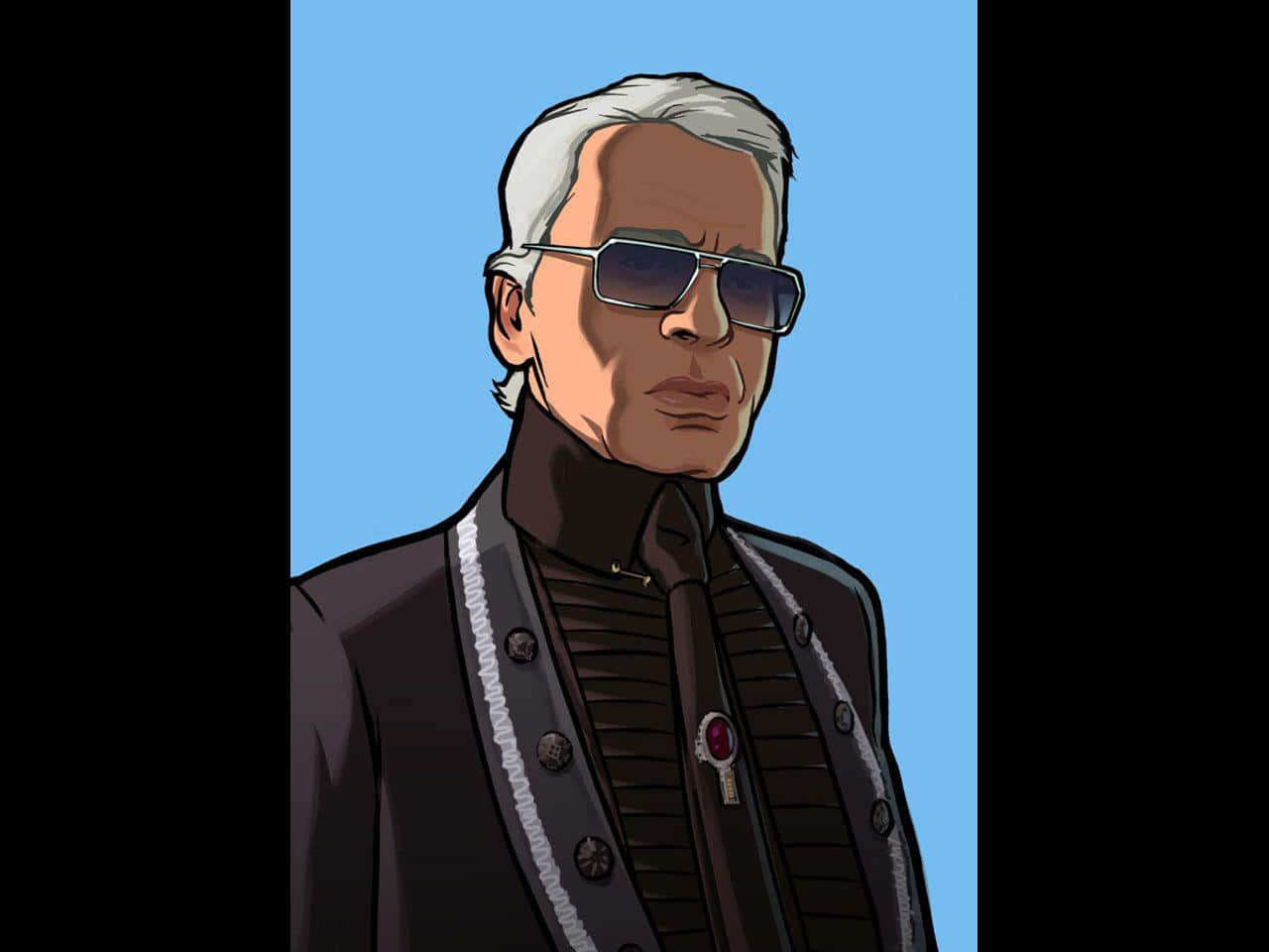 Karl Lagerfeld 桌布 壁紙 — 卡爾·拉格斐的風格化插圖，戴著太陽眼鏡和黑色訂製外套，背景為明亮的藍色。
