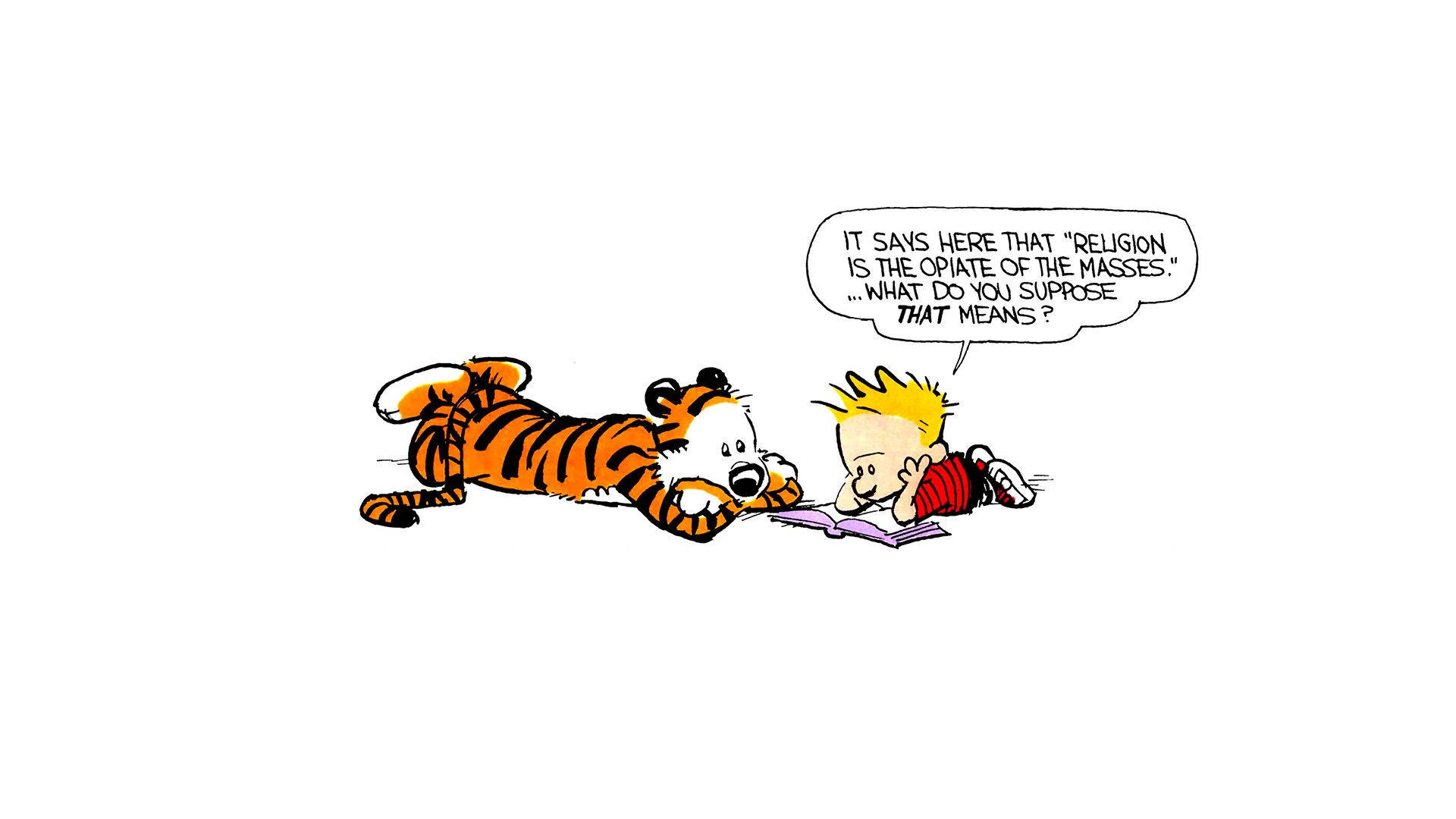 Hobbes 桌布 壁紙 — 卡爾文和一隻老虎躺在白色地上看書，卡爾文問「宗教是人民的鴉片」是什麼意思。