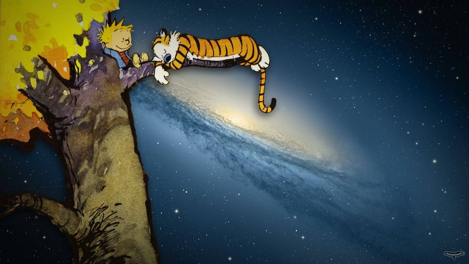 Hobbes 桌布 壁紙 — 卡爾文和他的老虎朋友在樹枝上擁抱，背景是星空銀河和秋葉。