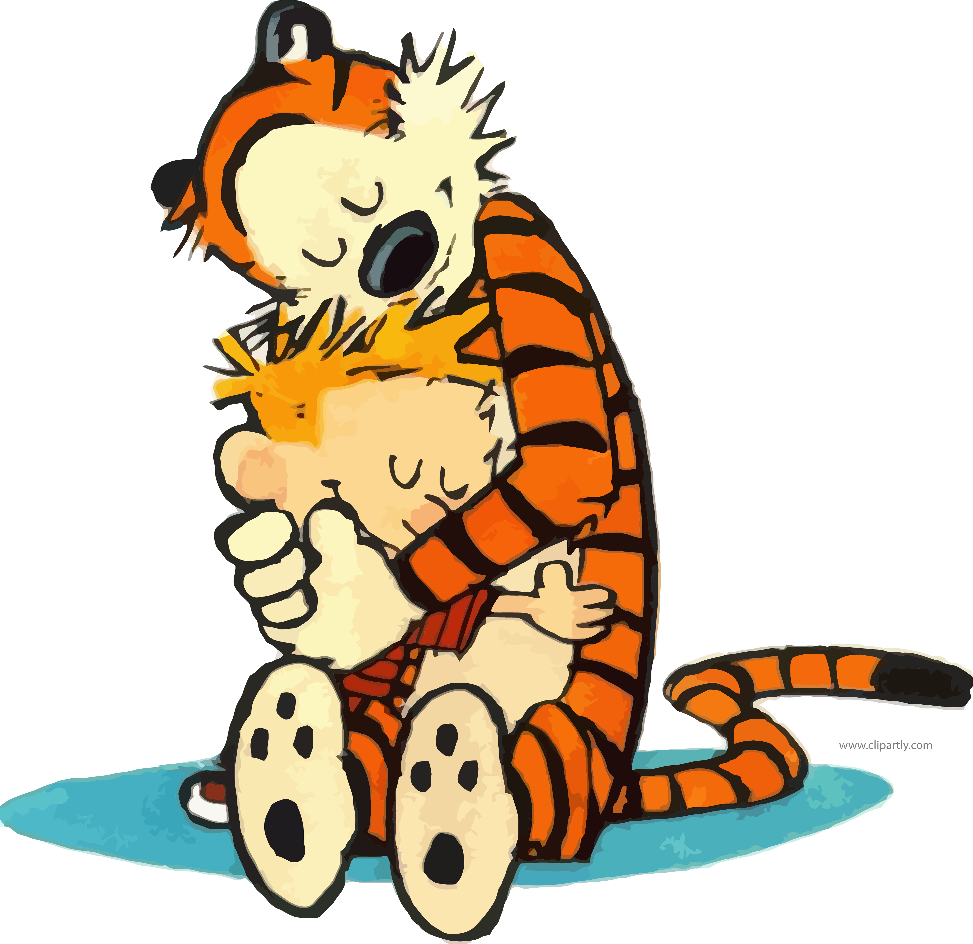 Hug 桌布 壁紙 — 卡爾文和他的老虎朋友在黑色背景的藍色地毯上緊緊擁抱。