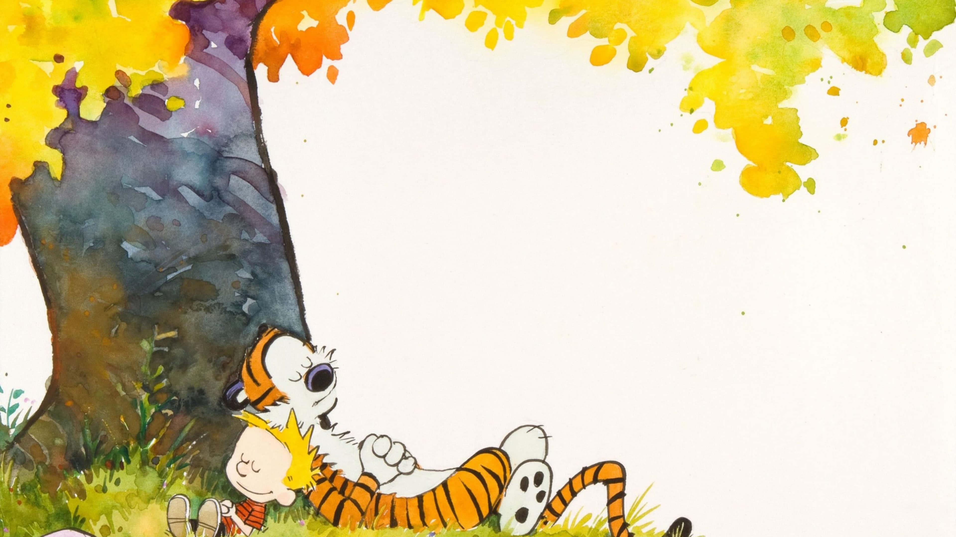 桌布 壁紙 — 卡爾文和他的老虎朋友滿足地躺在一棵樹下，頭頂有秋葉，水彩插圖。