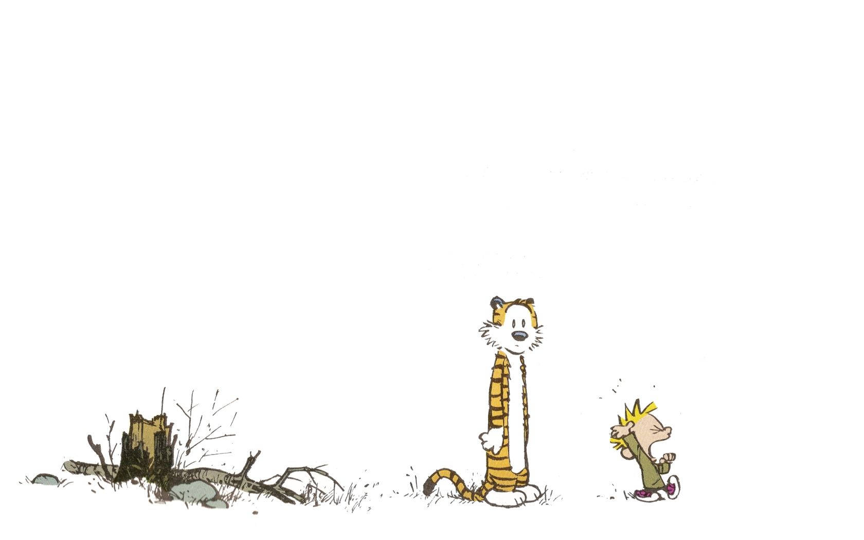Hobbes 桌布 壁紙 — 卡爾文和他的老虎朋友站在稀疏的草地上，旁邊有一個樹樁和一根掉落的樹枝。