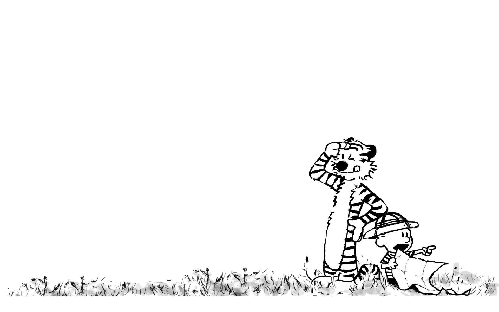 Hobbes 桌布 壁紙 — 卡爾文和霍布斯以黑白線條藝術從草地中探出頭來，帶著頑皮的表情。