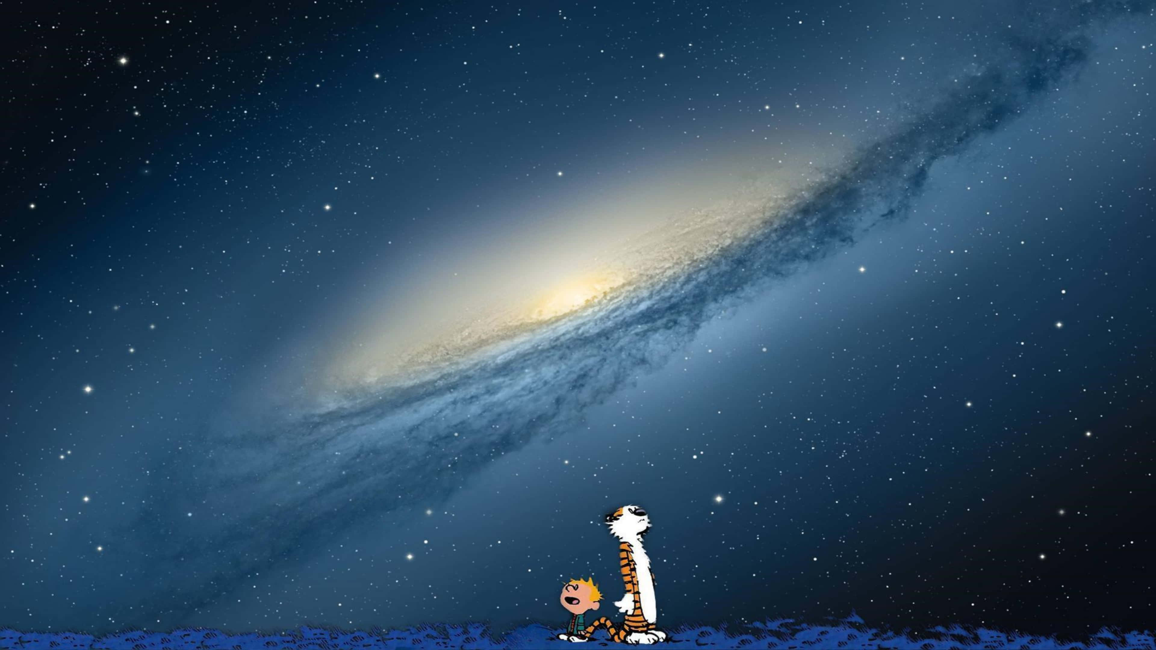 銀河 桌布 壁紙 — 卡爾文和霍布斯仰望在繁星點點的夜空中閃耀的巨大螺旋星系。
