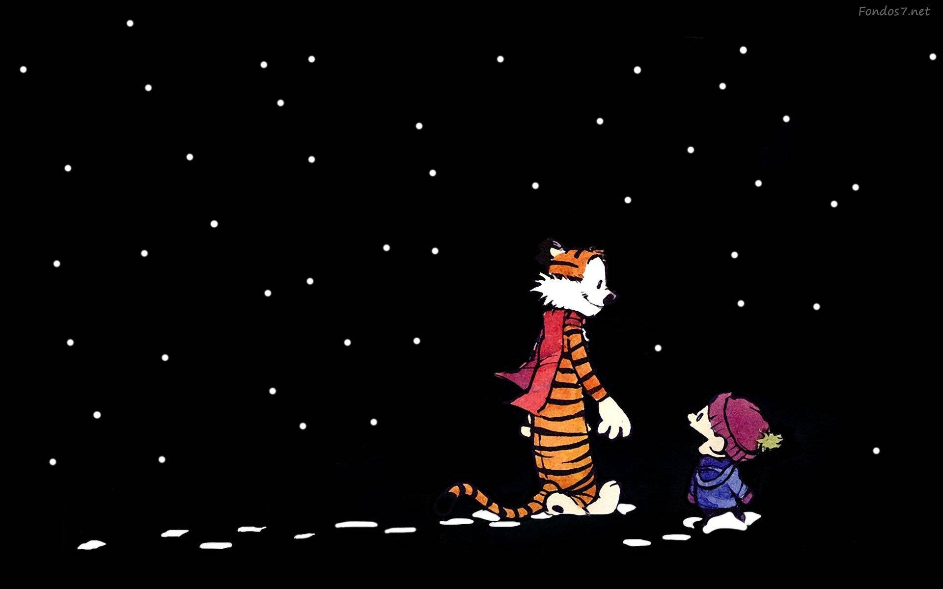 Hobbes 桌布 壁紙 — 卡爾文和霍布斯在星空下一起行走，在雪地上留下腳印。
