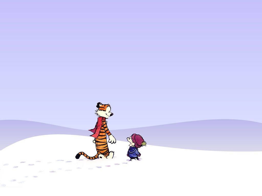 Hobbes 桌布 壁紙 — 卡爾文和霍布斯在柔和的紫色天空下一起走過雪景。
