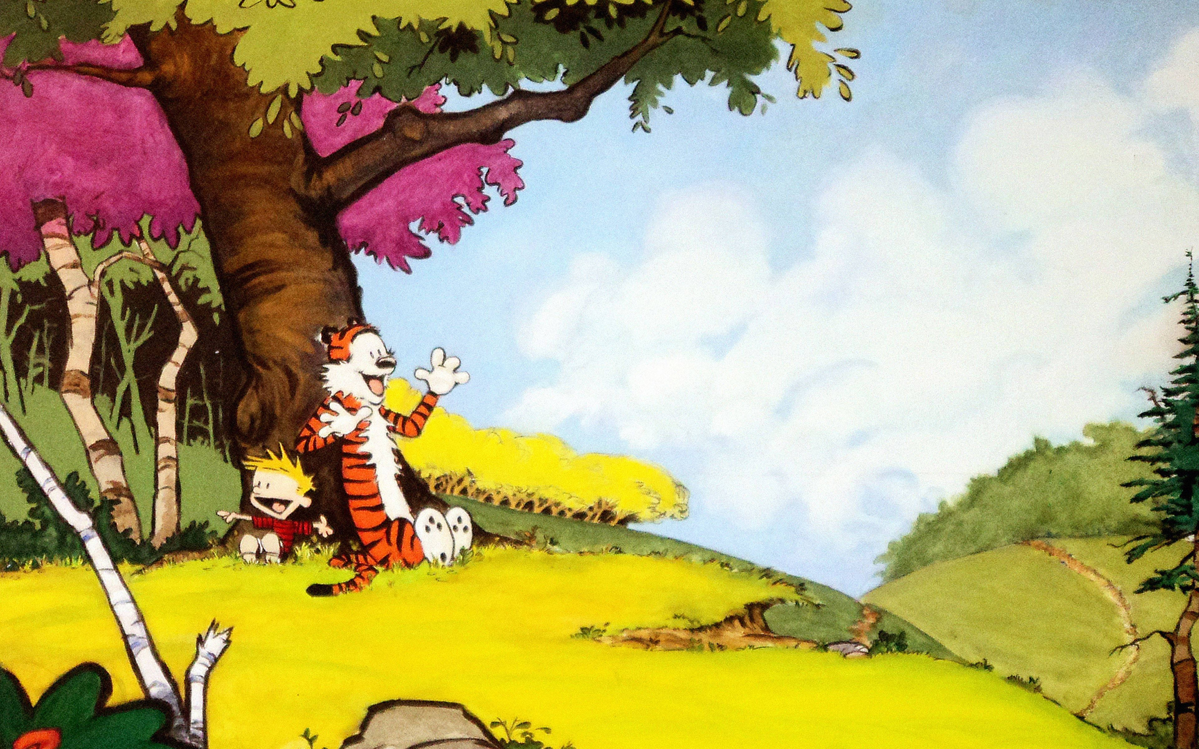 Hobbes 桌布 壁紙 — 卡爾文和霍布斯在陽光明媚的日子裡，在一棵開滿粉紅色花朵的樹下愉快地揮手。
