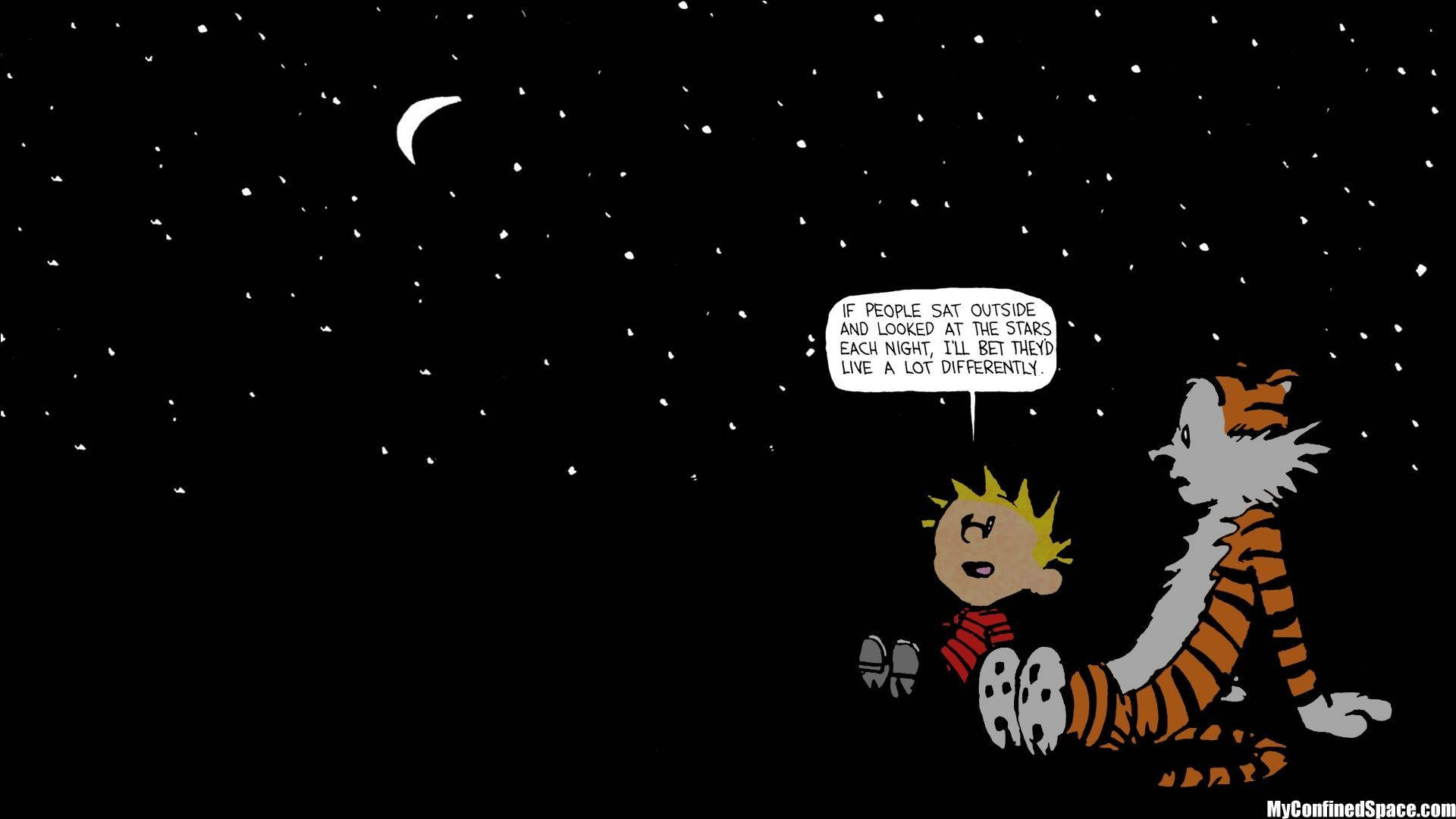 Hobbes 桌布 壁紙 — 卡爾文和霍布斯坐在星空下，新月當空，卡爾文沉思著如果人們每晚都凝視星星，生活會改變。