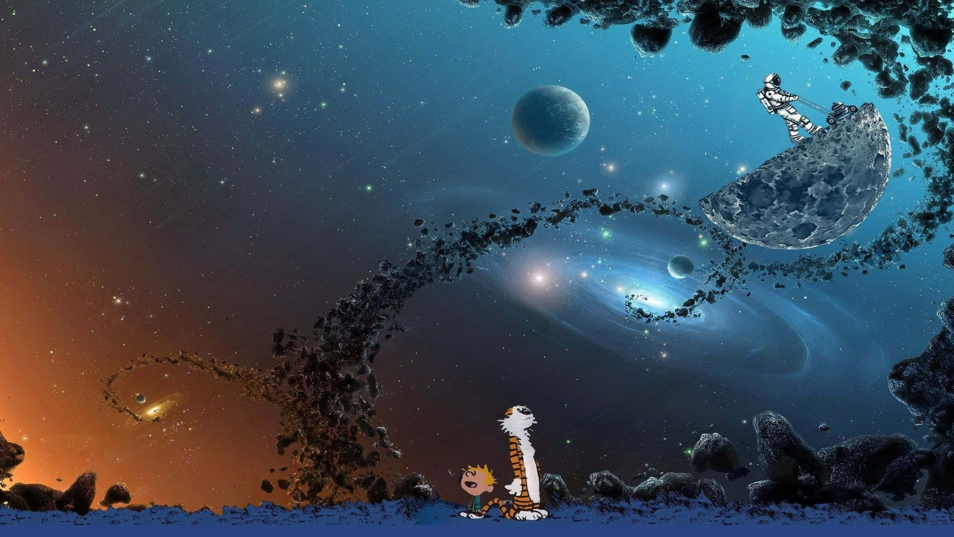 桌布 壁紙 — 卡爾文和霍布斯站在小行星帶上，凝視著一個有旋轉星系和漂浮太空碎片的宇宙景觀。