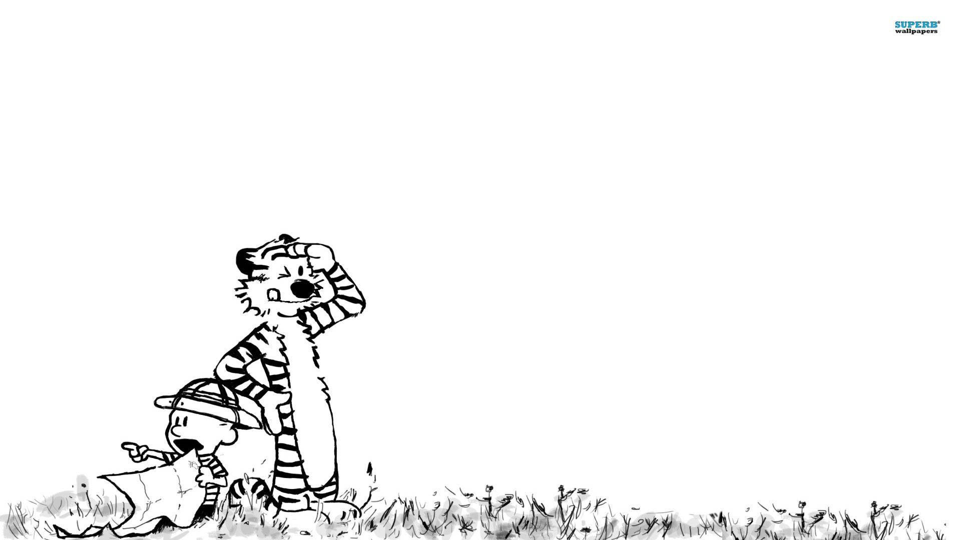 Hobbes 桌布 壁紙 — 卡爾文和霍布斯站在草地上，霍布斯向上看，卡爾文興奮地指著。