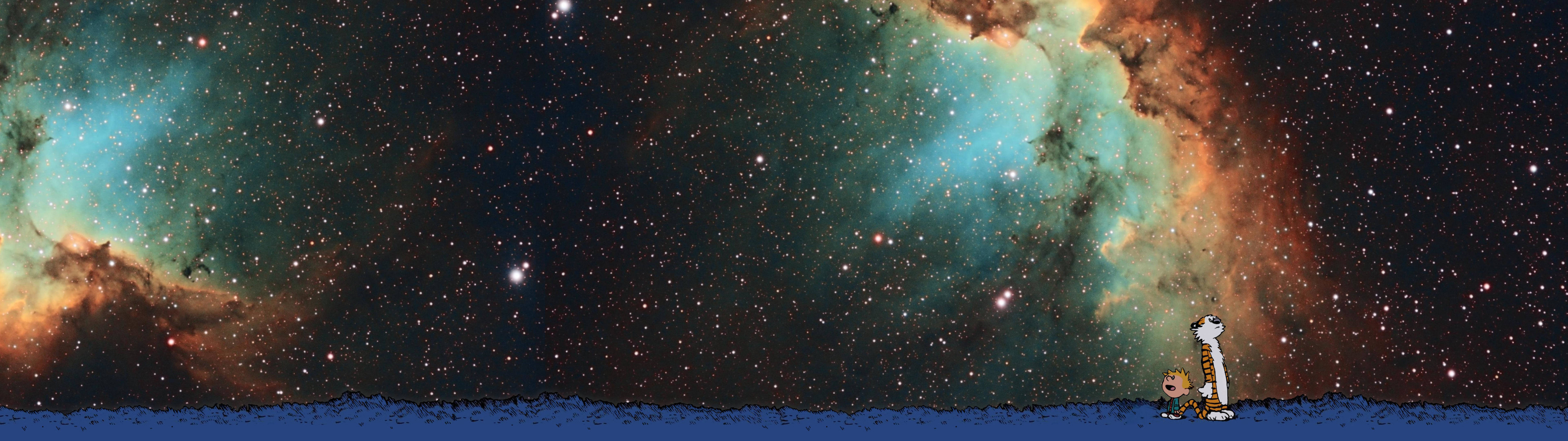 卡爾文和霍布斯仰望太空中色彩繽紛的星雲。 — 4K雙螢幕壁紙 壁紙
