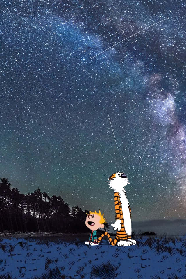 手機 桌布 壁紙 — 卡爾文和霍布斯驚嘆地凝視著佈滿流星和銀河的星空夜空。