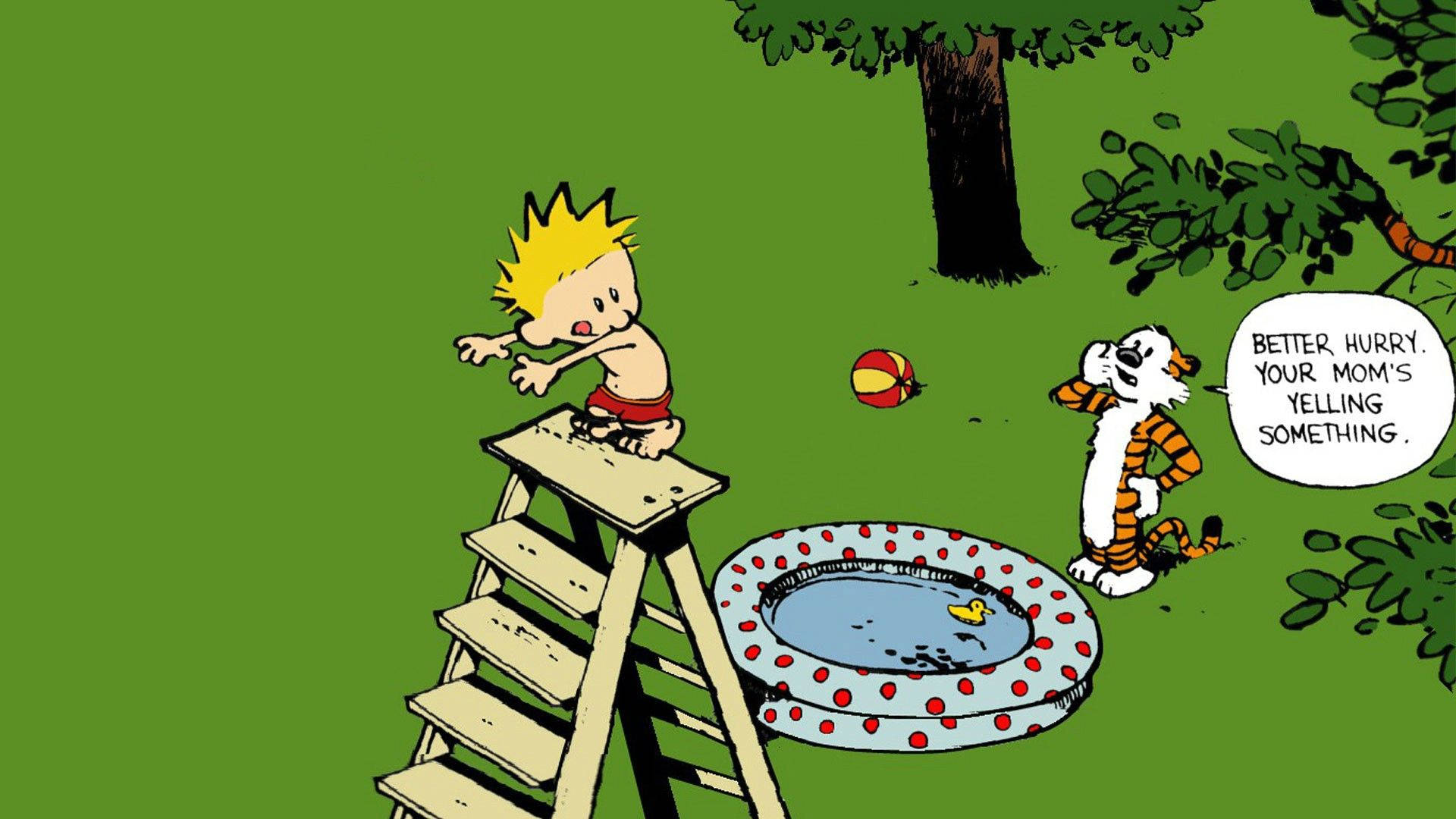 Hobbes 桌布 壁紙 — 卡爾文站在梯子上，準備跳進充氣泳池，而他的老虎同伴卡爾文則看著，並用對話氣泡催促他快點。