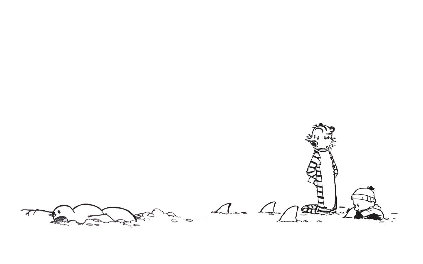 Hobbes 桌布 壁紙 — 卡爾文與霍布斯以黑白線條藝術站在雪堆旁，雪中露出鯊魚鰭。