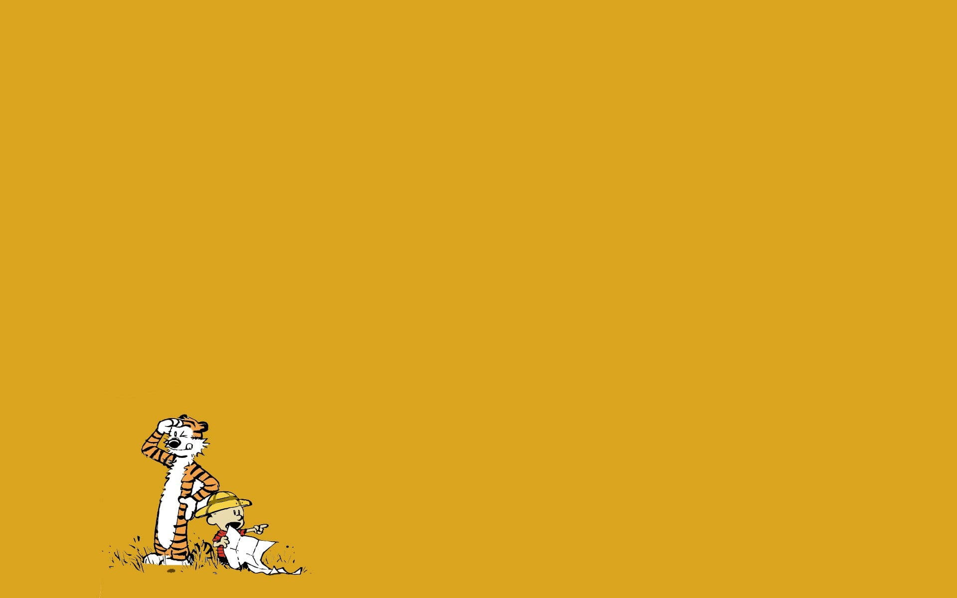 Hobbes 桌布 壁紙 — 卡爾文與霍布斯卡通角色一起站在左下角，背景為純芥末黃色。