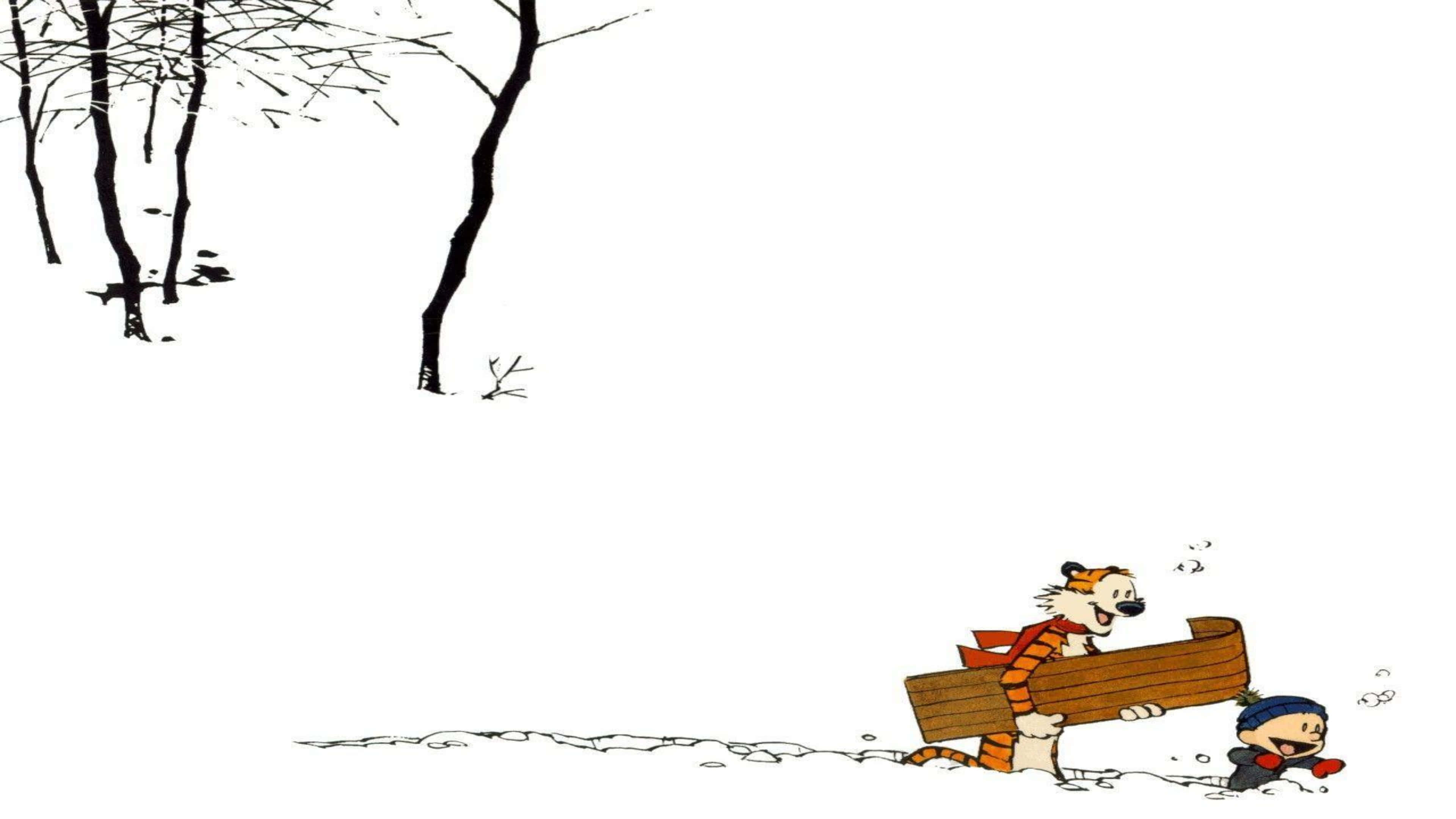 Cartoon 桌布 壁紙 — 卡爾文與霍布斯在光禿樹木的背景下，乘雪橇滑下雪坡。