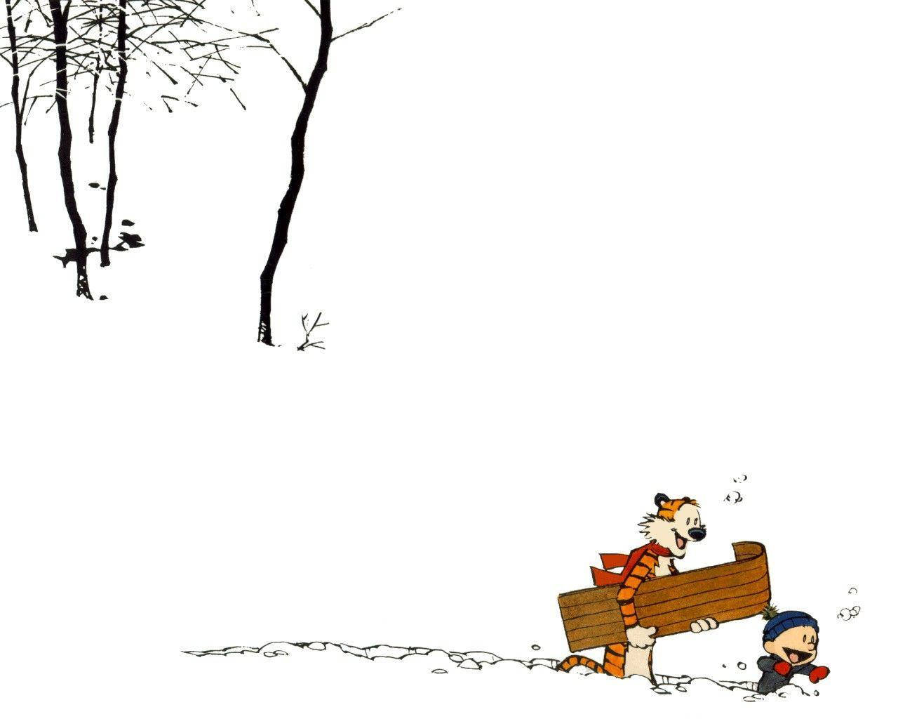 Hobbes 桌布 壁紙 — 卡爾文與霍布斯在光禿樹木的背景下，乘雪橇滑下雪坡。